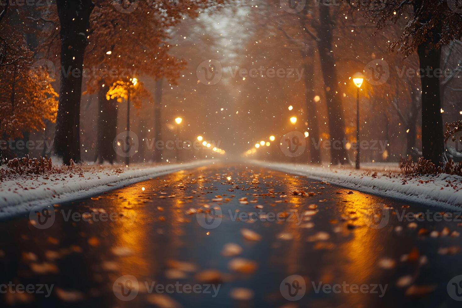 Autumn Evening on a Snow-Dusted Pathway with Glowing Street Lamps photo