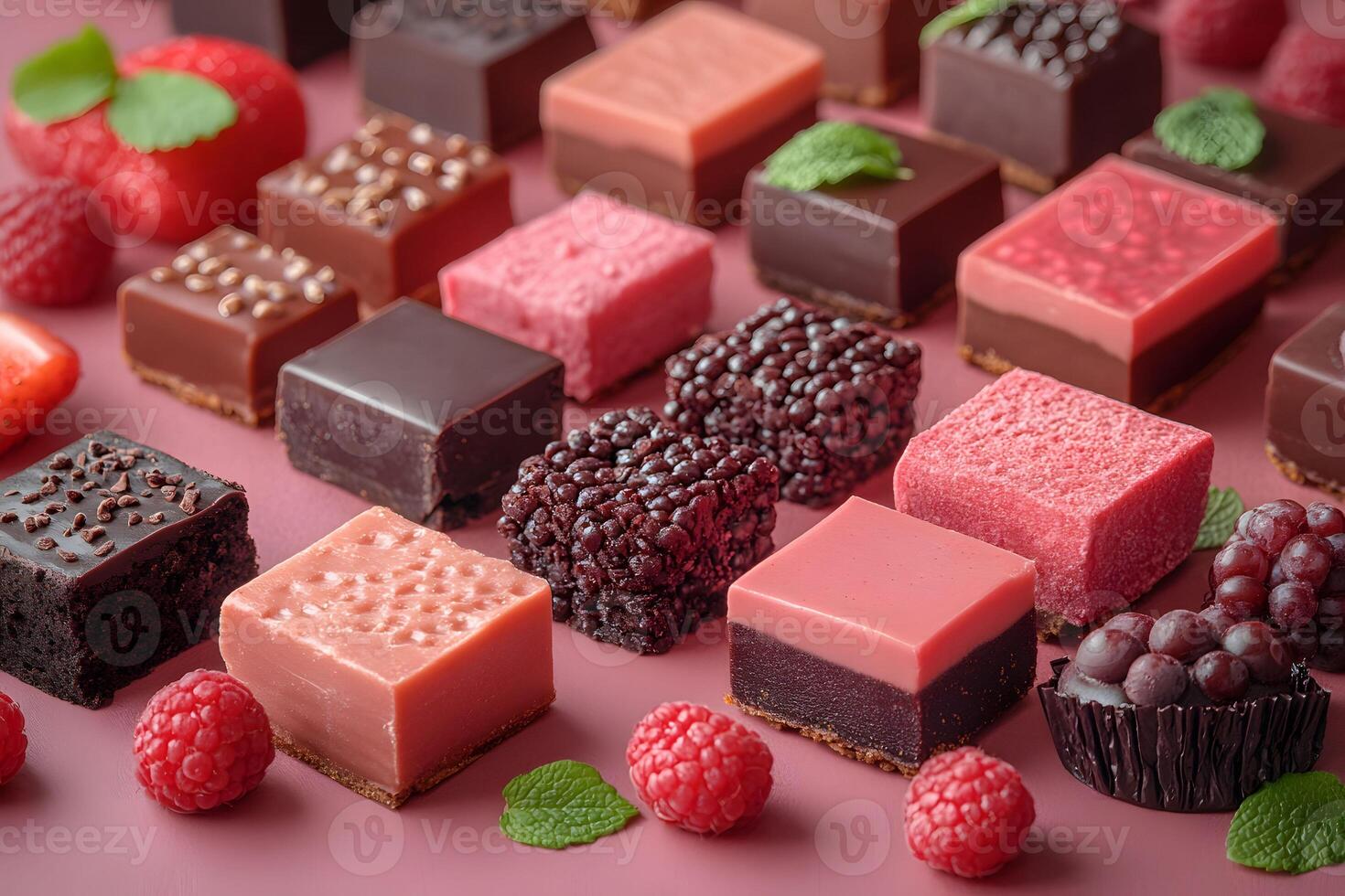 Assorted Chocolate and Berry Desserts with Raspberry Garnish on Pink Background photo