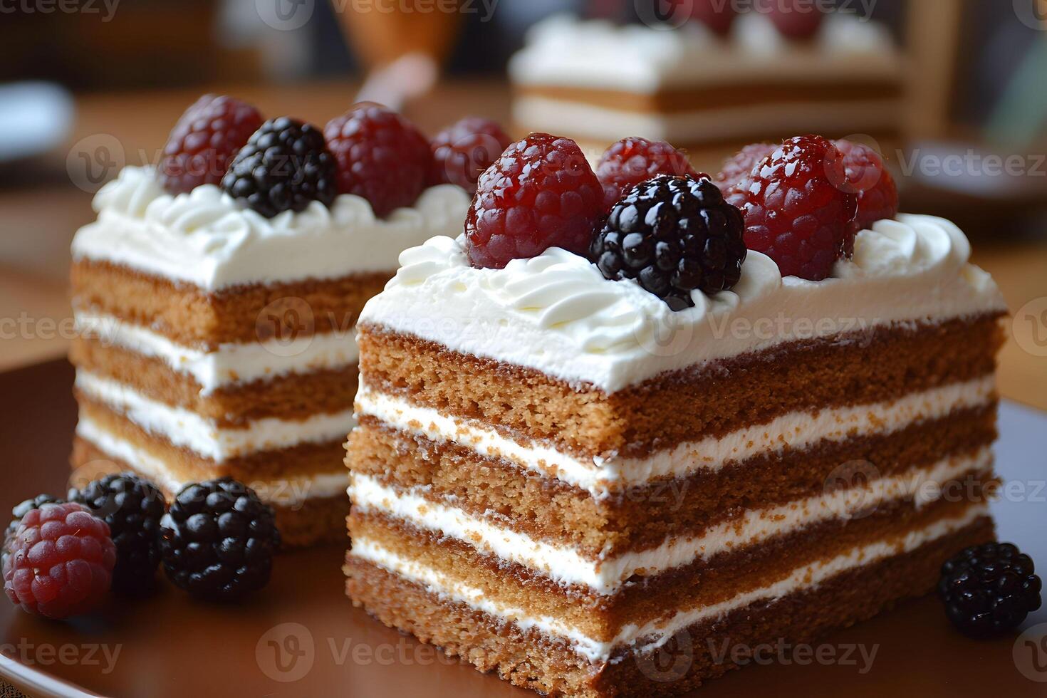 Decadent Layered Chocolate Cake with Cream and Berries for Dessert Lovers photo
