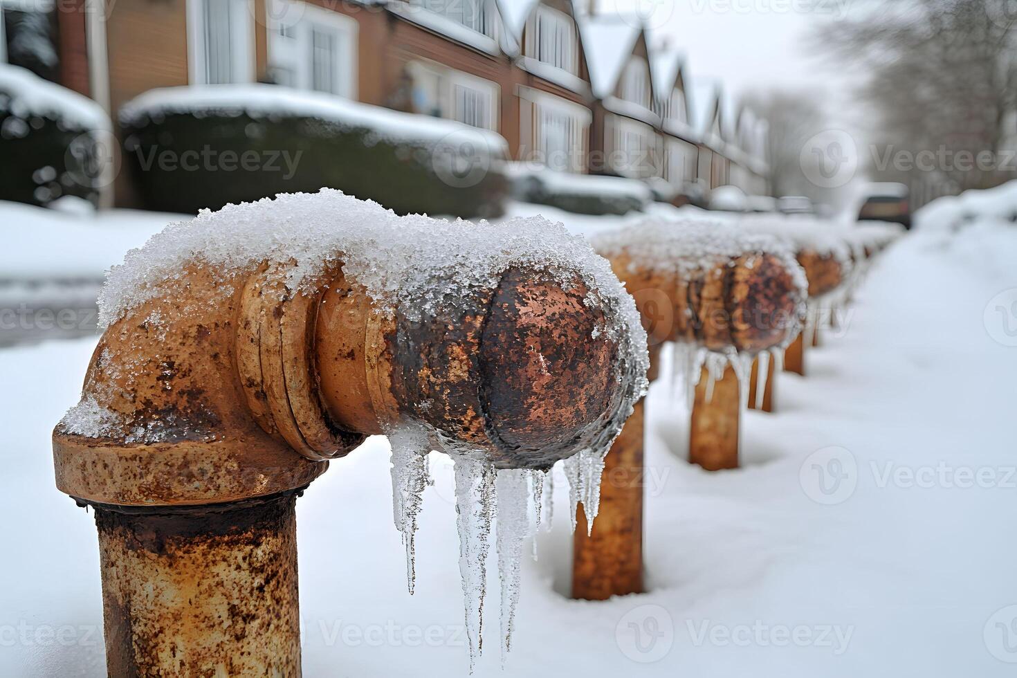 Winter Urban Landscape with Snow-Covered Pipes and Icy Neighborhood Scene for Seasonal Design photo