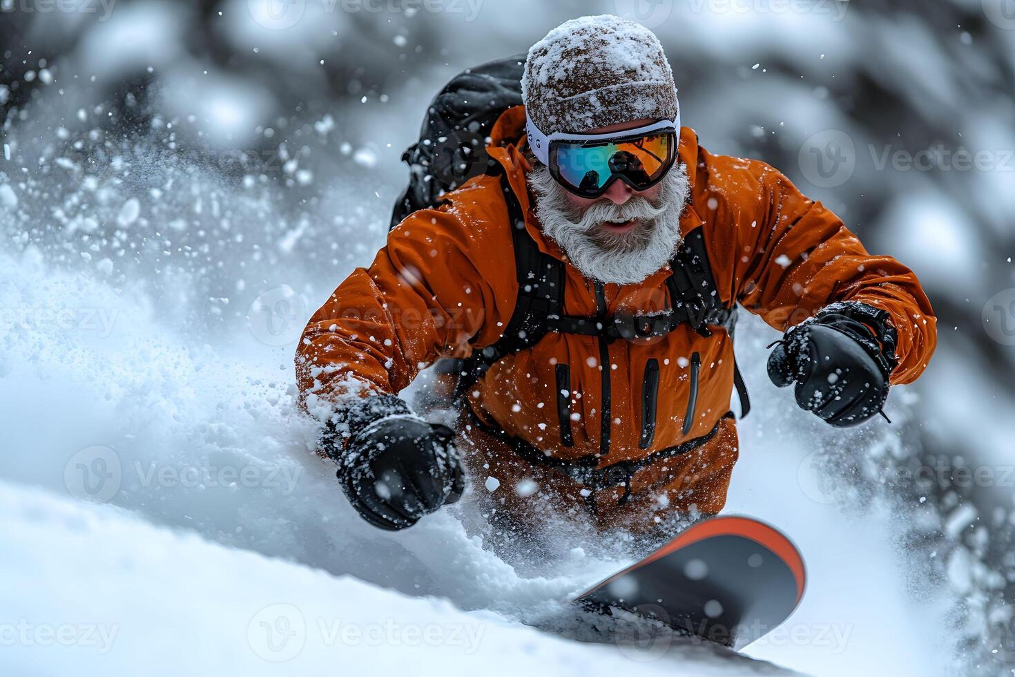 Dynamic Snowboarding Adventure with Elderly Sports Enthusiast in Winter Wonderland photo