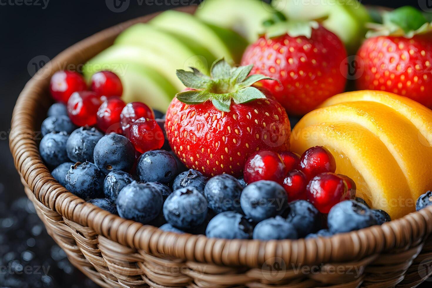 Vibrant Fruit Basket with Strawberries, Blueberries, and Citrus Slices for Healthy Eating photo