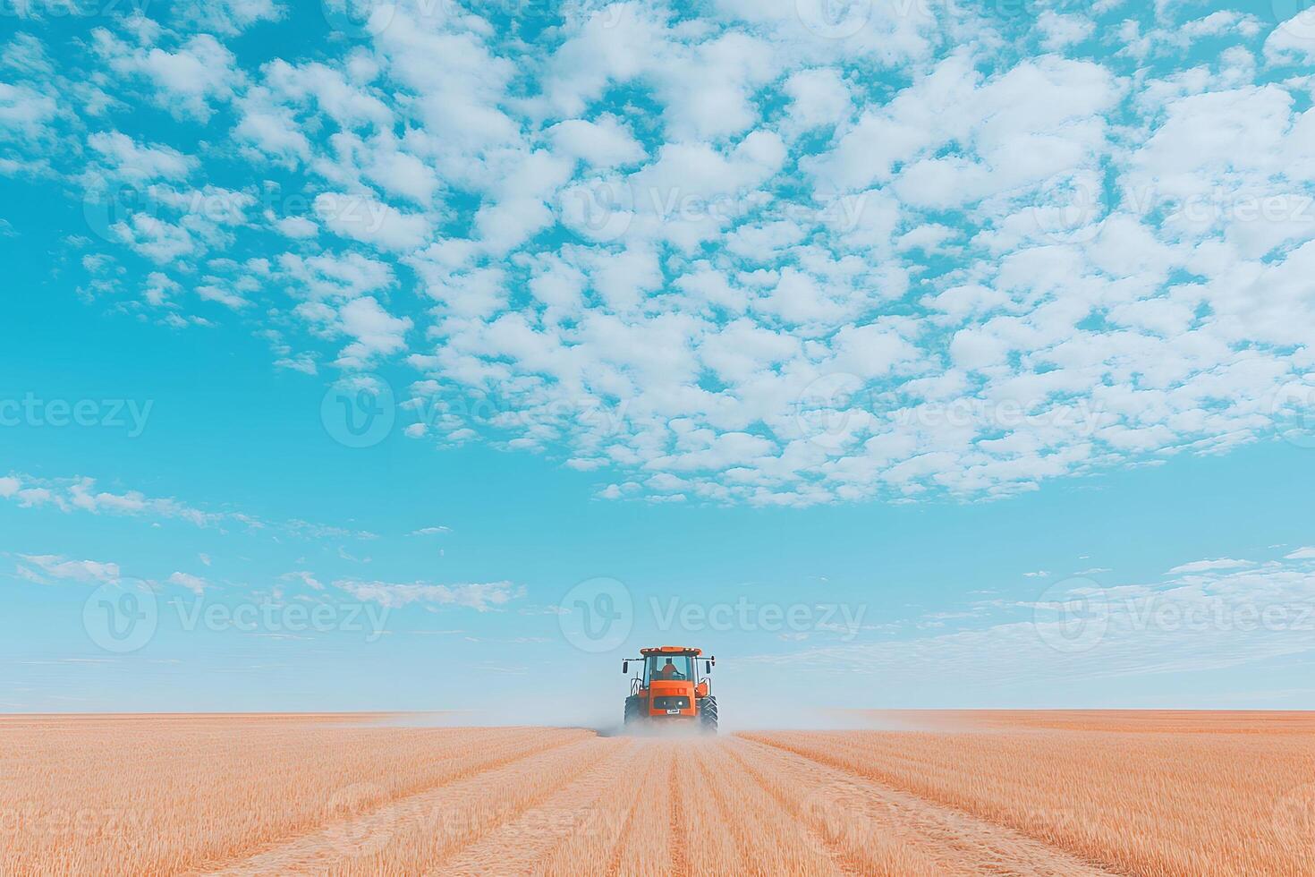 Harvest Season Tranquil Farming Scene with Tractor Under Vibrant Sky photo