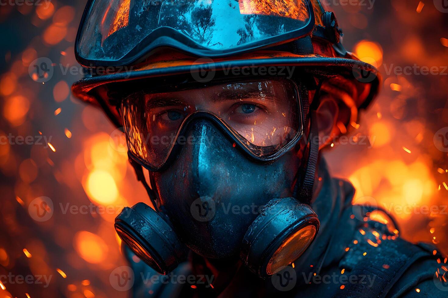 Brave Firefighter Facing the Flames - Heroic Portrait in Action photo