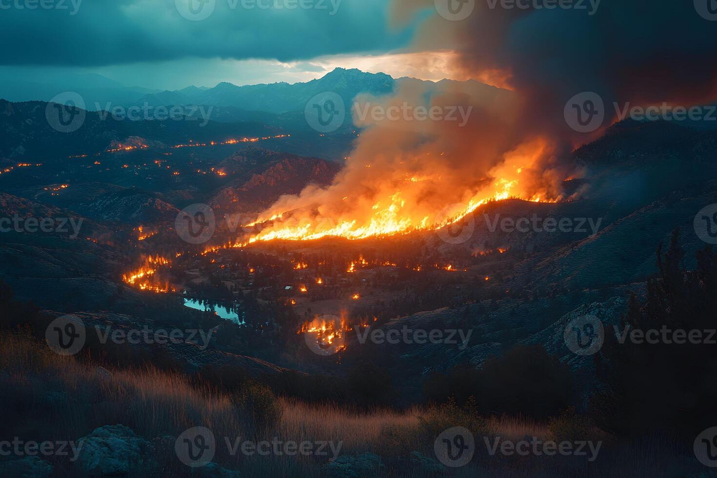 Dramatic Wildfire in Mountainous Landscape Under Stormy Sky photo