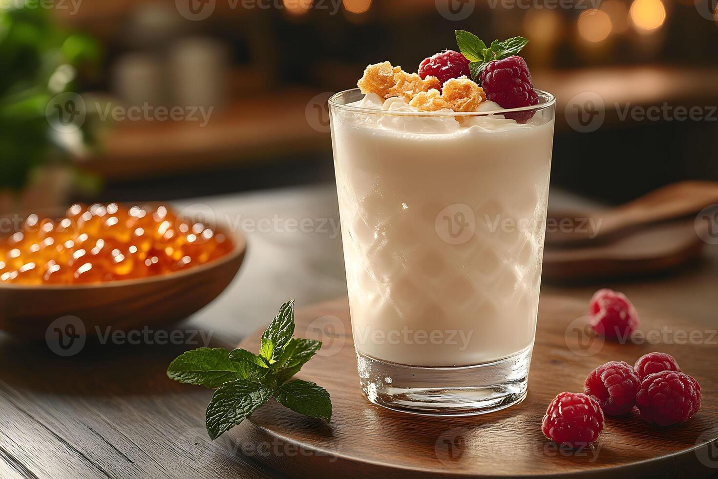 Refreshing Berry Yogurt Smoothie with Crunchy Toppings on Wooden Table photo