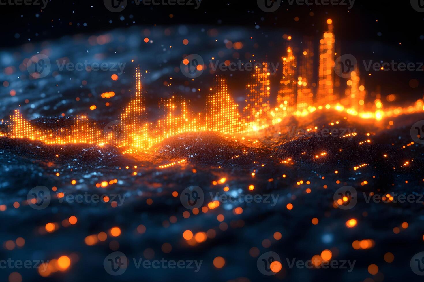 Futuristic Digital Landscape with Glowing Data Particles and Cityscape photo