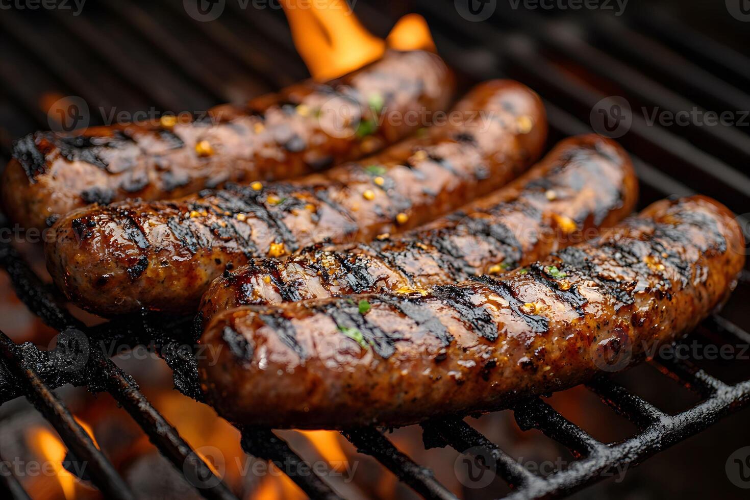 Grilled Sausages on Barbecue Grill with Flames for Summer Cooking and Outdoor Dining photo