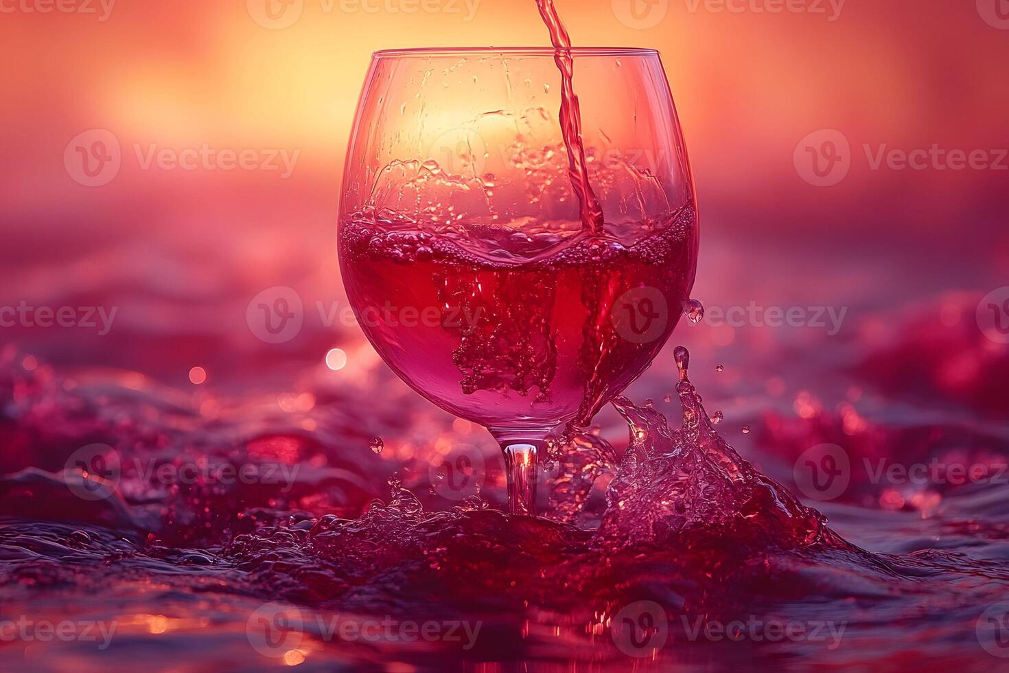 Sunset Wine Pour Vibrant Splash of Red against a Fiery Horizon photo