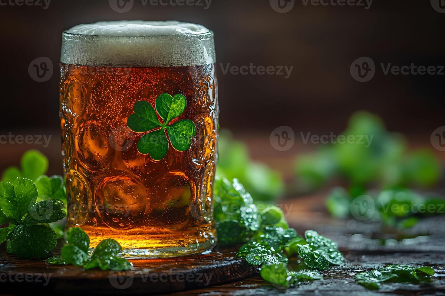 St. Patrick's Day Celebration with Clover-Adorned Beer Mug in Rustic Setting photo
