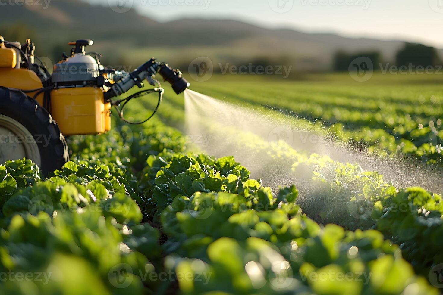 Modern Agricultural Practices Crop Spraying on a Lush Farm Field for Optimal Growth photo
