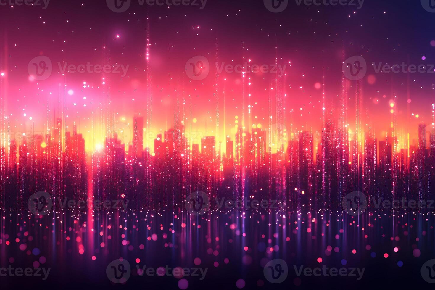 Vibrant Abstract Cityscape at Sunset with Digital Lights for Modern Design photo