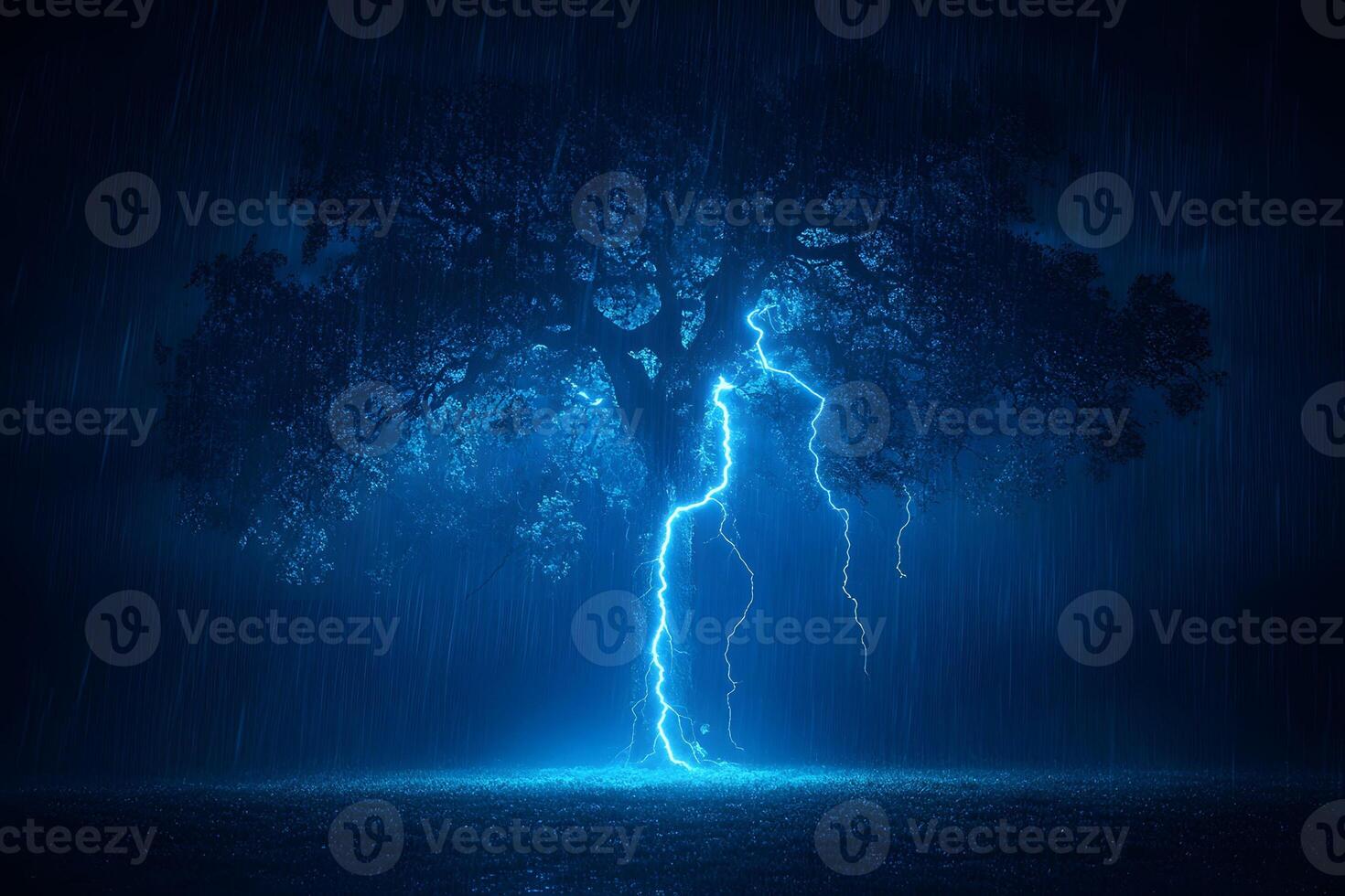 Dramatic Lightning Storm Illuminating Tree in Nighttime Rainfall Scene photo