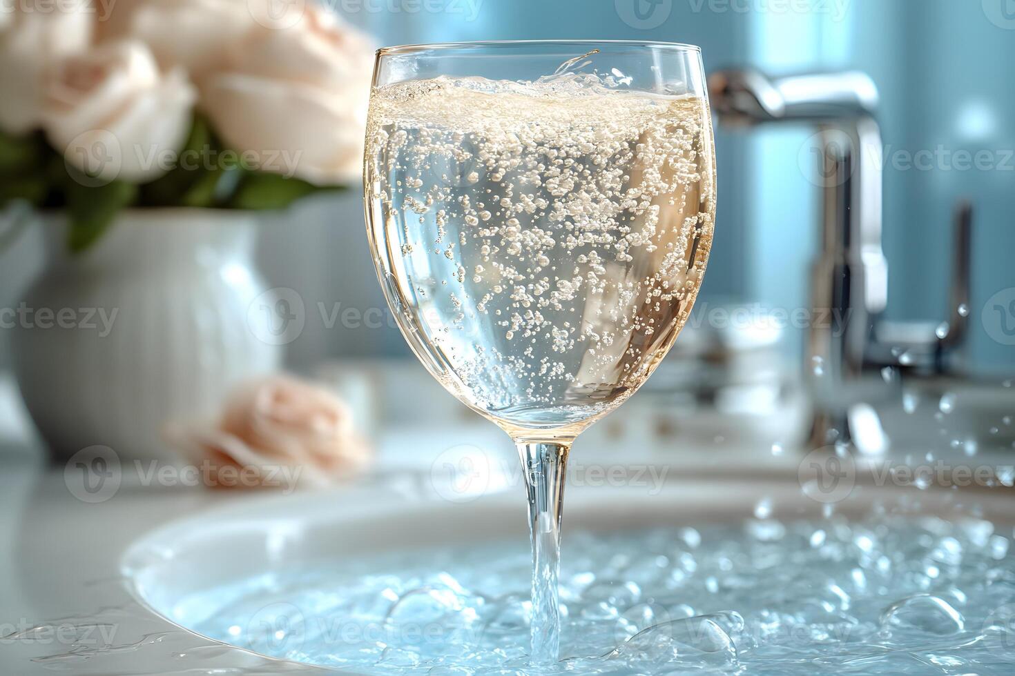 Sparkling Water Glass Overflowing in Elegant Bathroom Setting for Home Decor photo