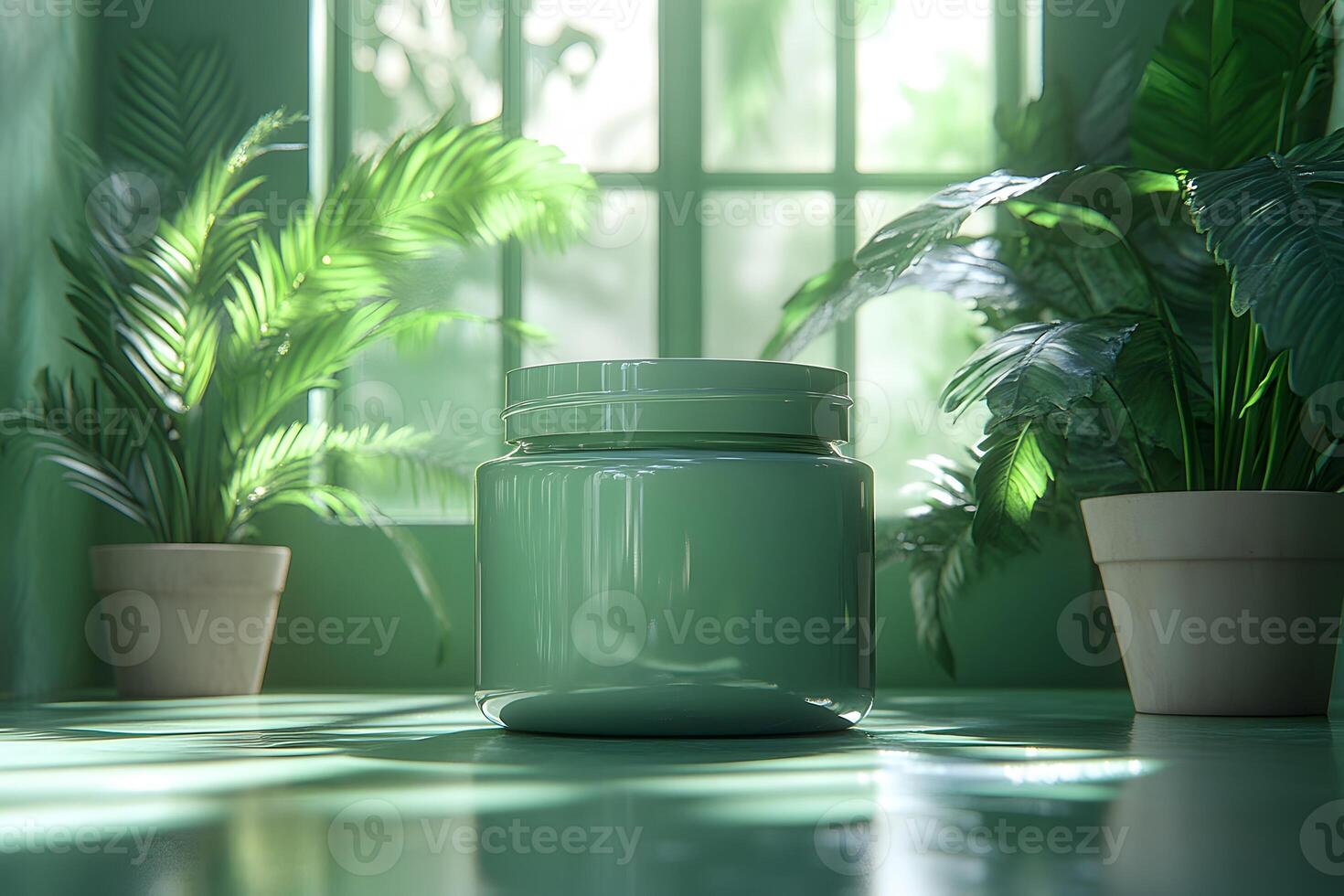 Tranquil Green Container in Sunlit Room with Lush Plants - Design for Nature-Themed Packaging photo
