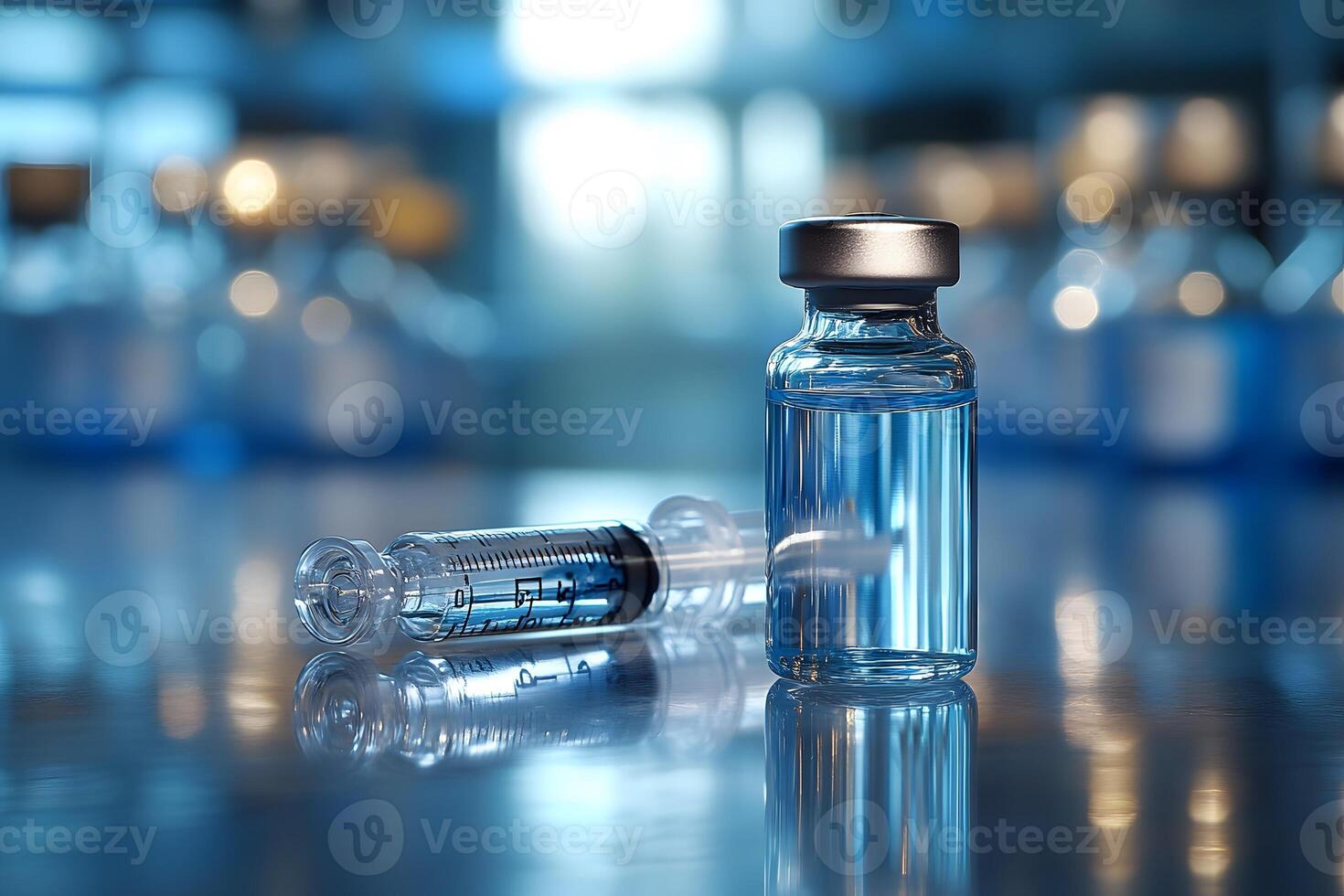 Medical Syringe and Vial with Blue Background for Healthcare and Research photo