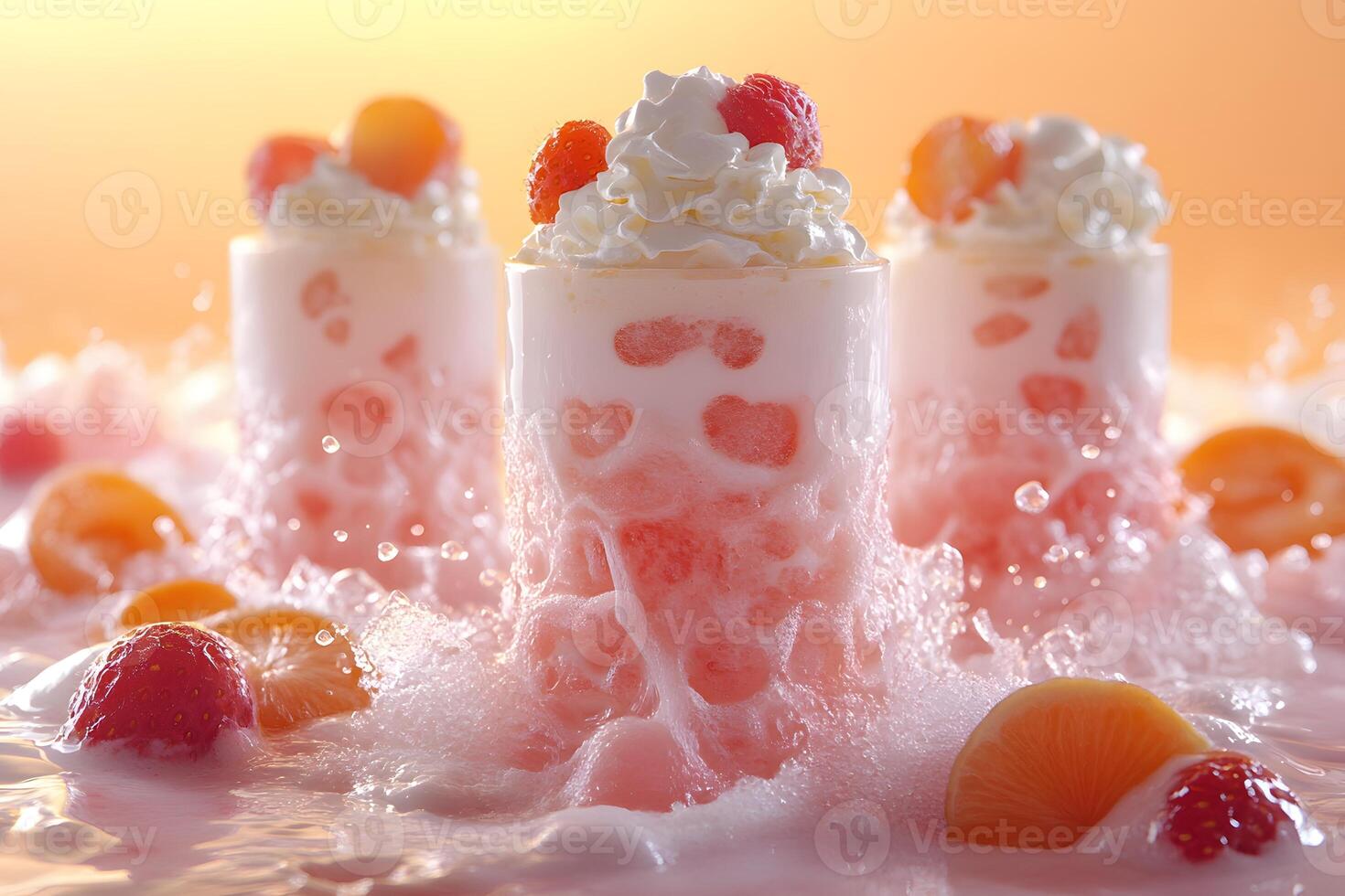 Refreshing Summer Peach and Strawberry Bubble Tea with Whipped Cream Toppings photo