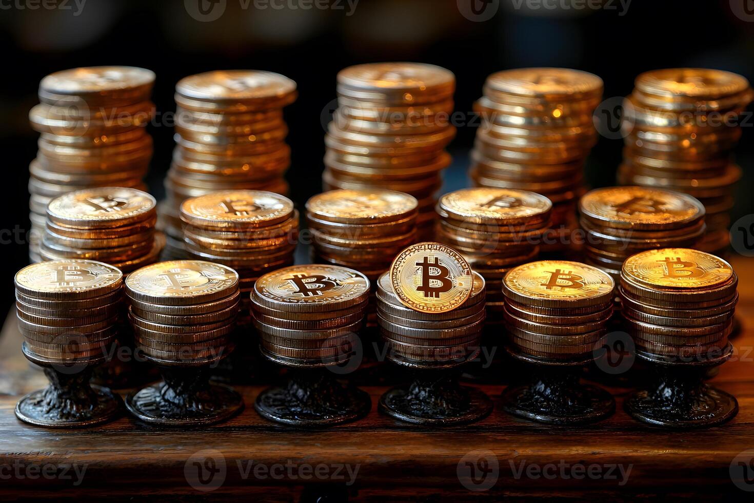 Stacks of Bitcoin Coins Representing Cryptocurrency Investment and Wealth photo