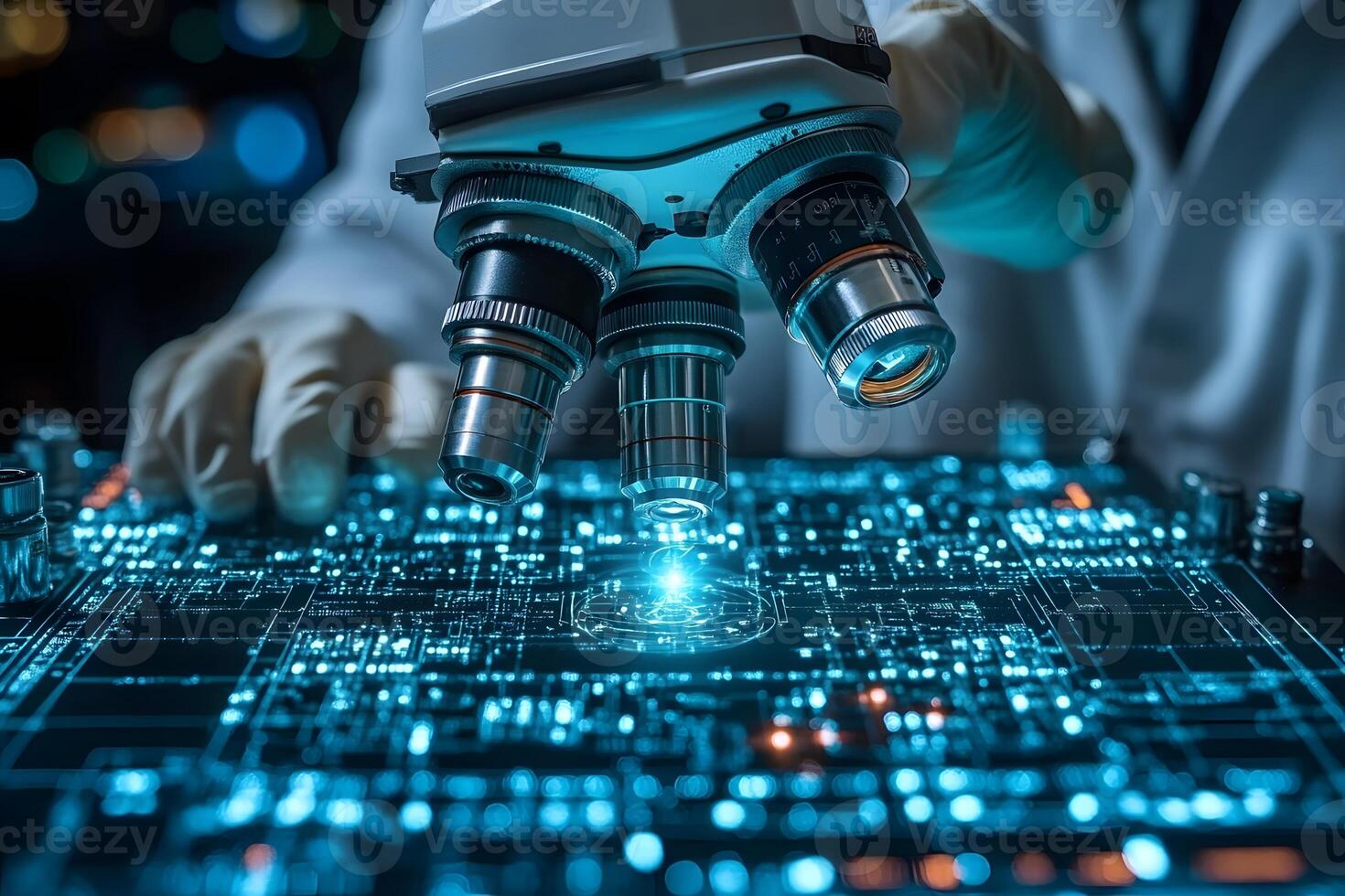 Advanced Technology in Science Close-Up of Microscope on Circuit Board for Innovation and Research photo