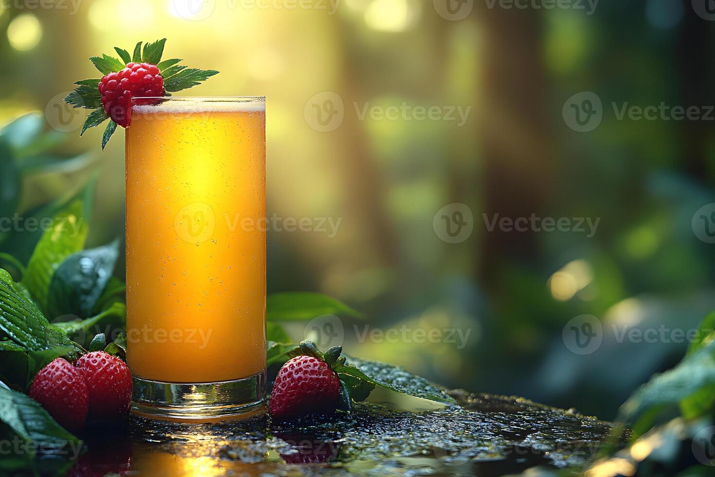 Refreshing Tropical Fruit Juice with Berries in Sunlit Forest Setting for Summer Design photo
