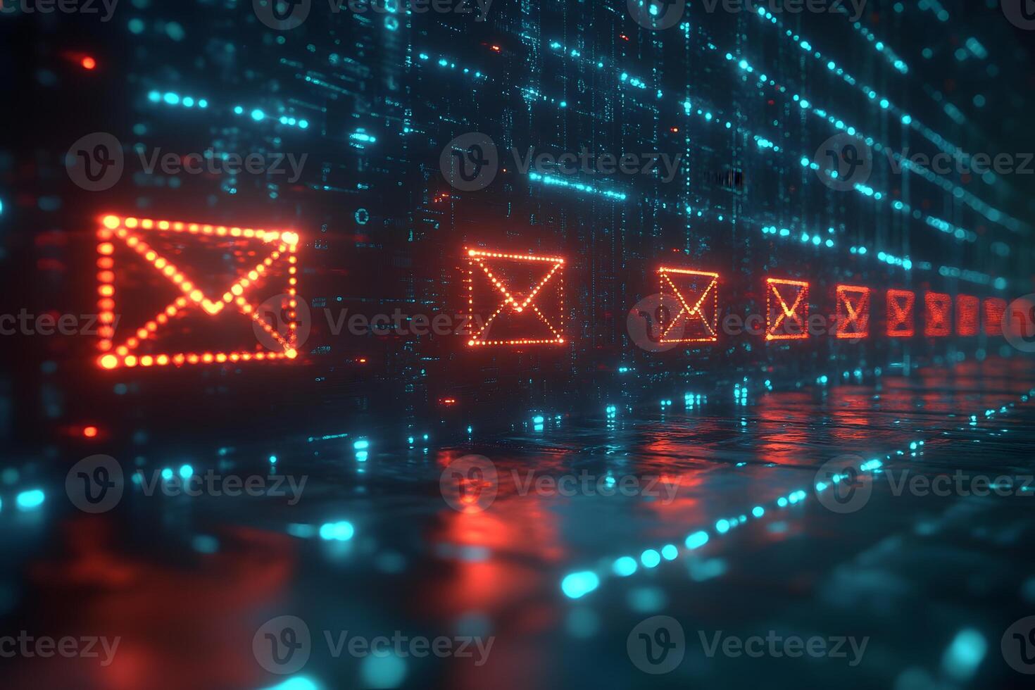 Digital Communication Concept with Neon Email Icons for Technology Design photo