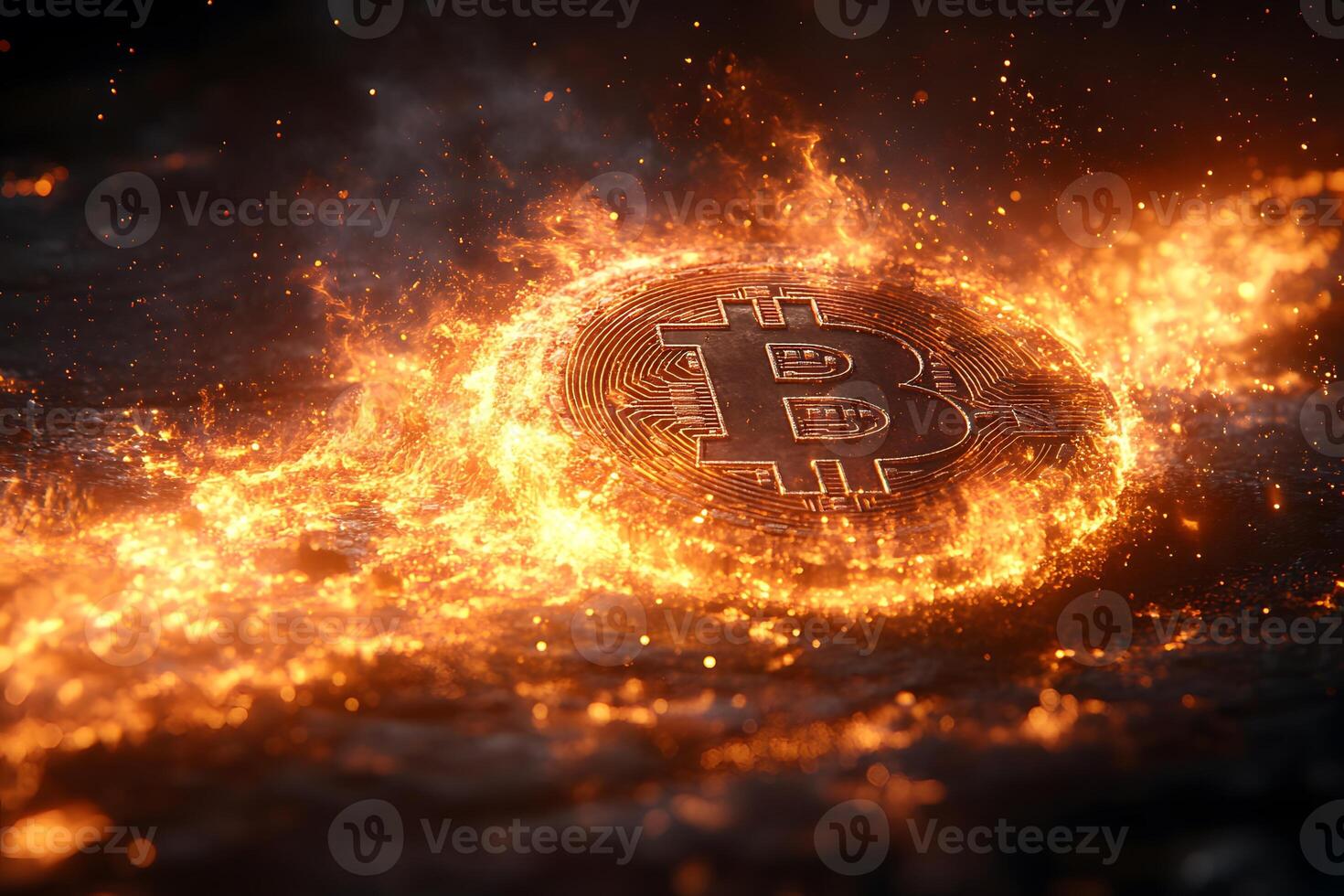 Fiery Bitcoin Symbol Amidst Flames - Cryptocurrency and Blockchain Concept for Digital Finance Design photo