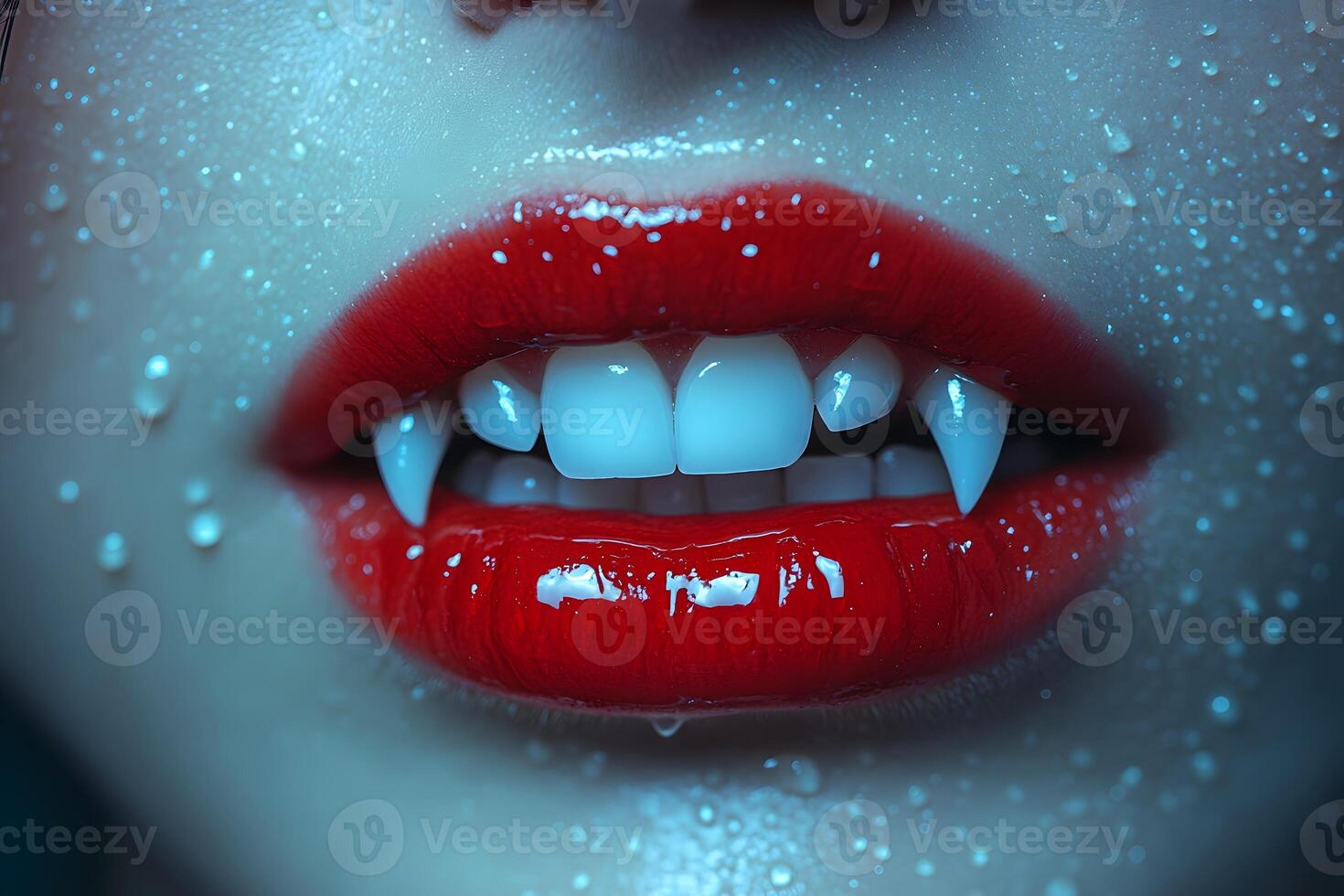 Vampire Aesthetic Close-Up of Red Lips with Fangs and Water Droplets for Halloween Design photo