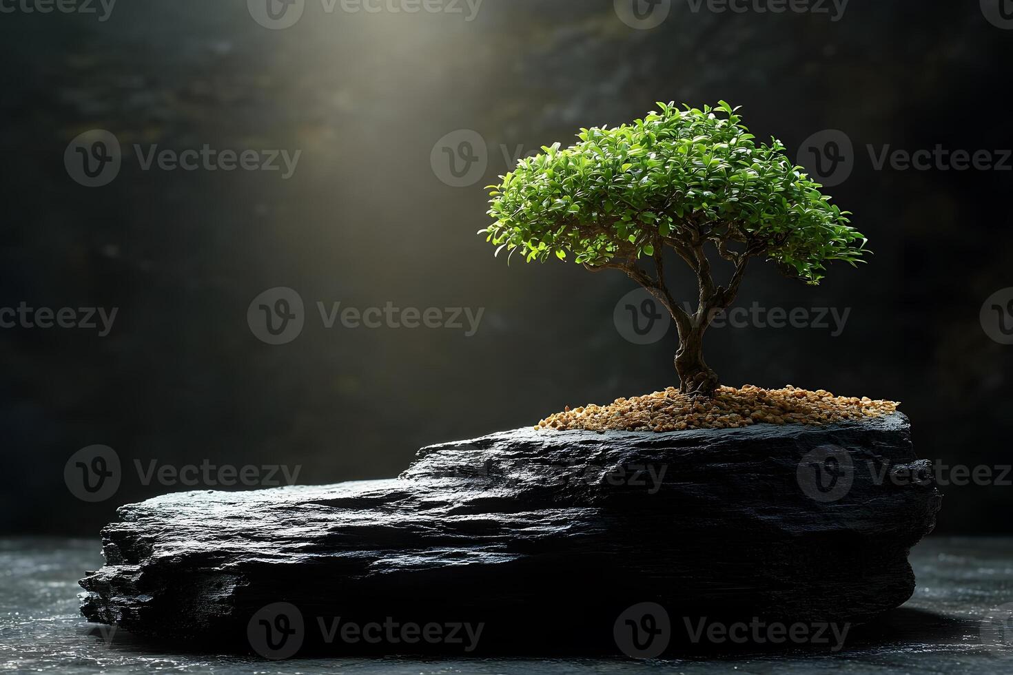 Serene Bonsai Tree on Rock with Soft Light for Zen and Meditation Decor photo
