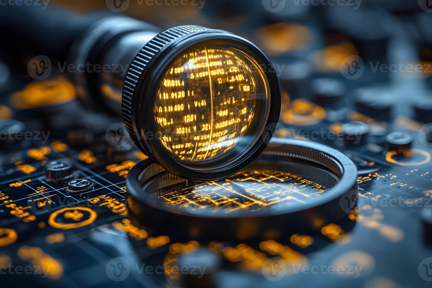 High-Tech Visualization Futuristic Circuit Board with Magnifying Glasses photo