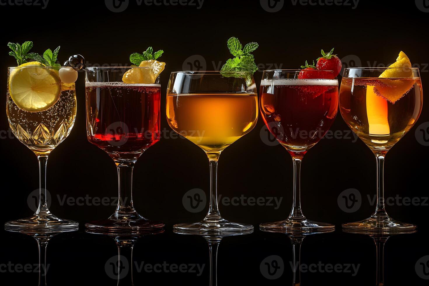 Elegant Display of Colorful Cocktails with Garnishes for Festive Celebrations and Design photo