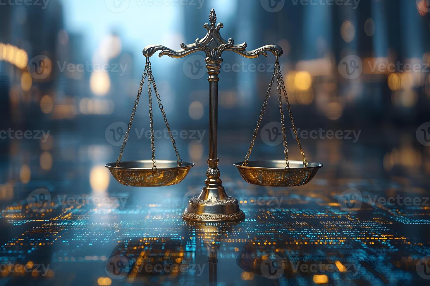 Digital Justice Concept with Scales of Justice Over a Futuristic Cityscape for Legal Tech photo