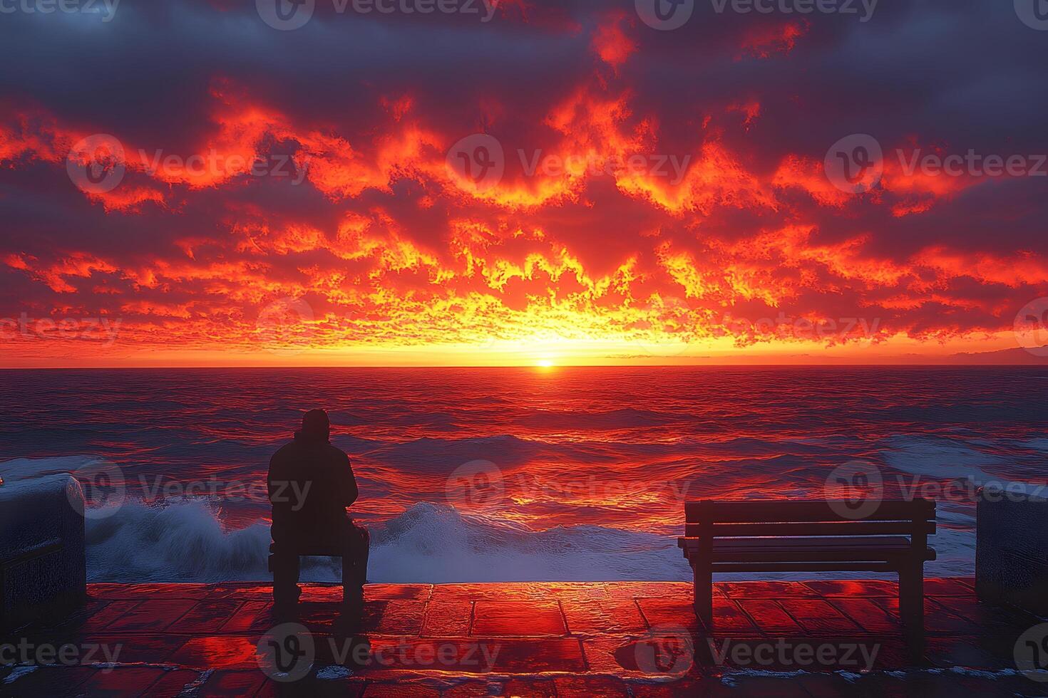 Contemplative Solitude at Vibrant Sunset Over Ocean Tranquility and Reflection in Nature photo