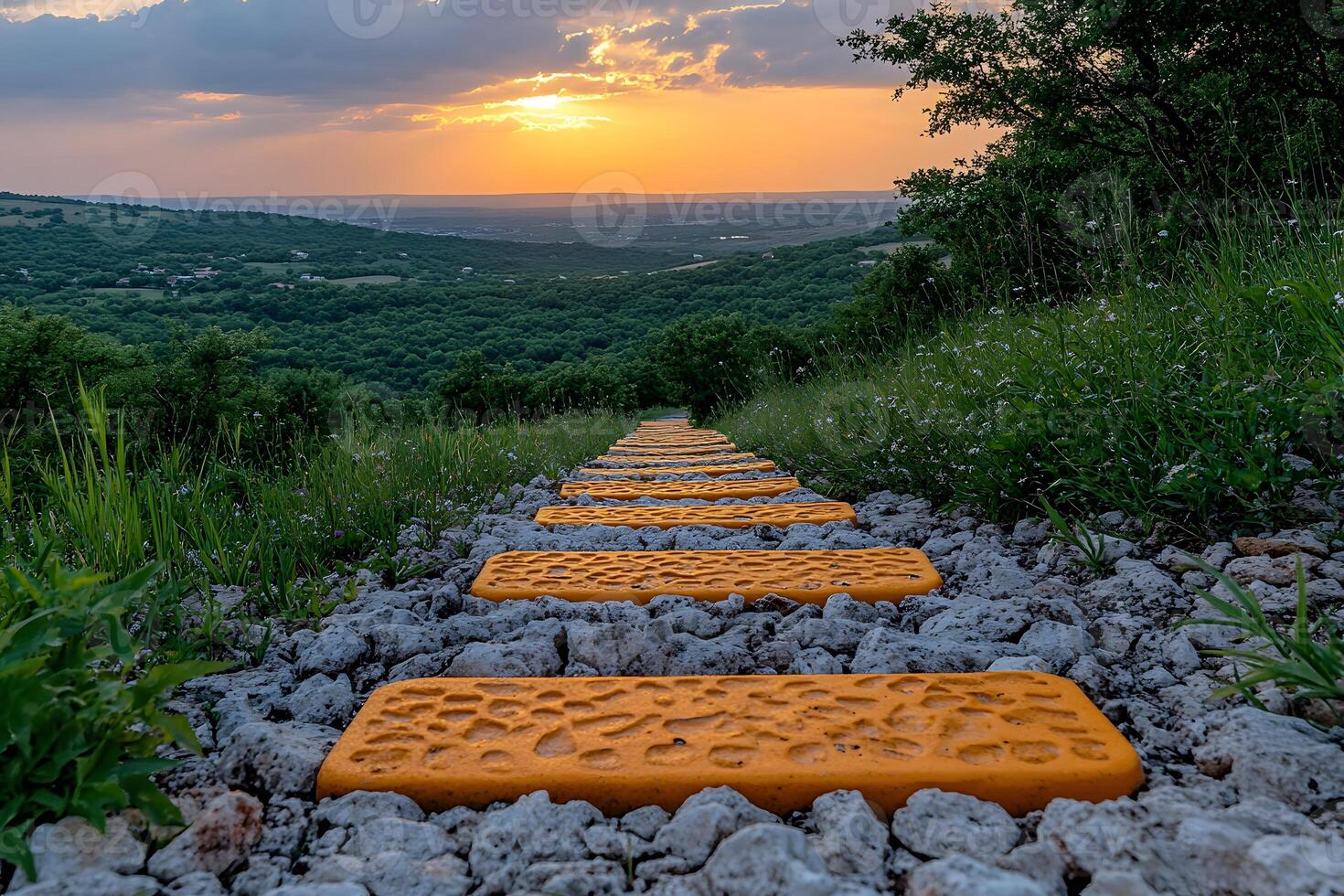 Sunset over Rocky Pathway in Lush Landscape Nature, Travel, Adventure, Print Design photo