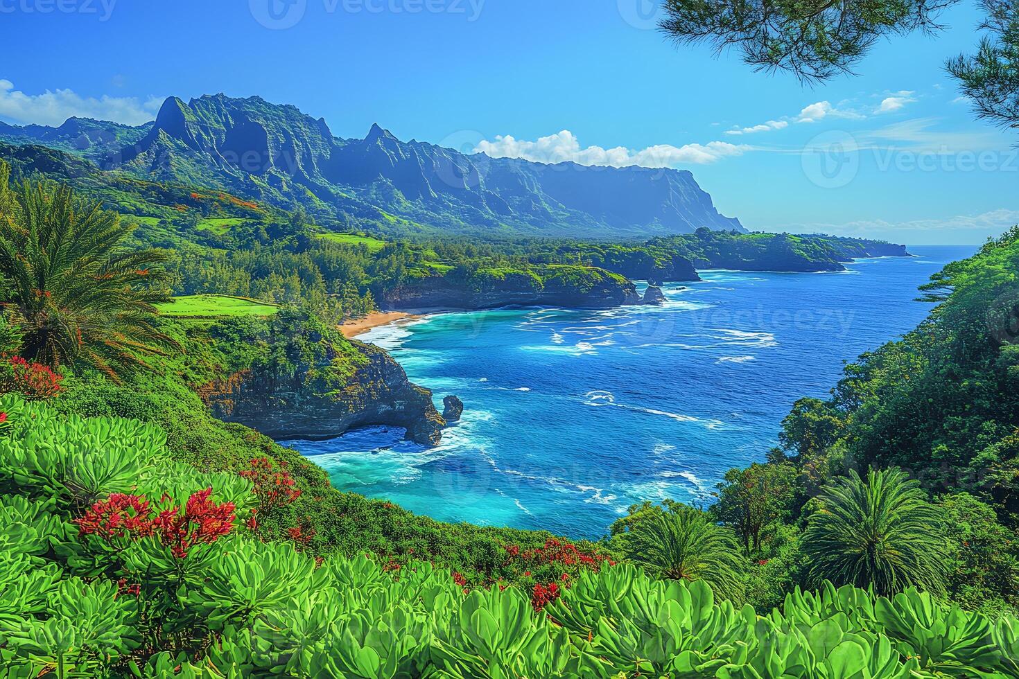 Majestic Coastal Landscape of Kauai with Verdant Cliffs and Turquoise Waters for Nature Posters photo
