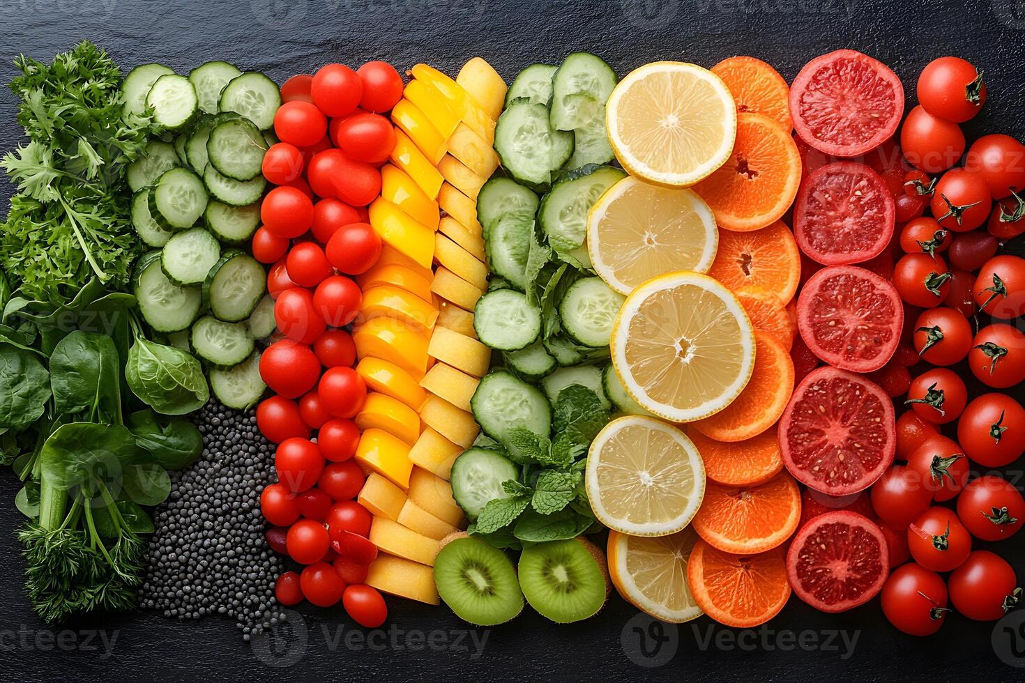 Vibrant Array of Fresh Fruits and Vegetables on Dark Slate Background photo