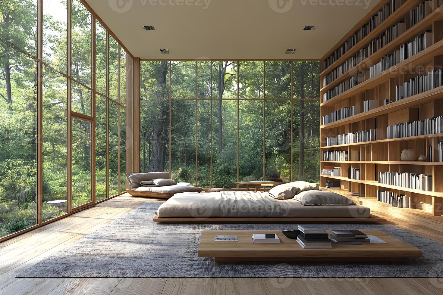 Serene Modern Library with Forest View in Elegant Minimalist Home Design photo