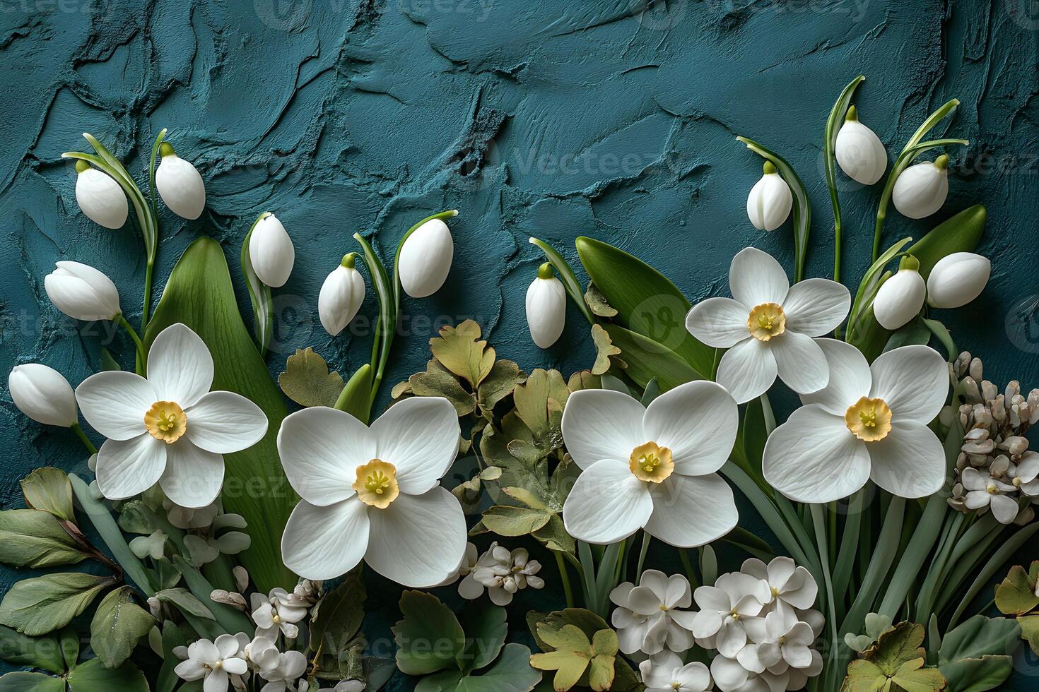 Spring Floral Arrangement of White Daffodils and Snowdrops on Textured Green Background photo