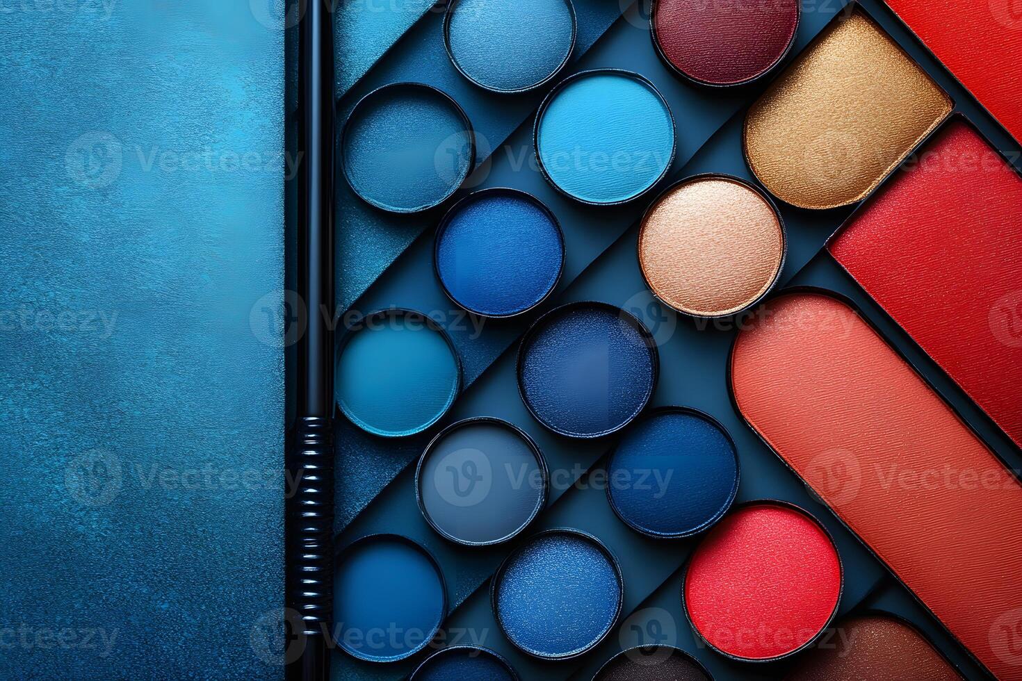Vibrant Makeup Palette with Diverse Blue and Red Shades for Creative Beauty and Cosmetic Design photo
