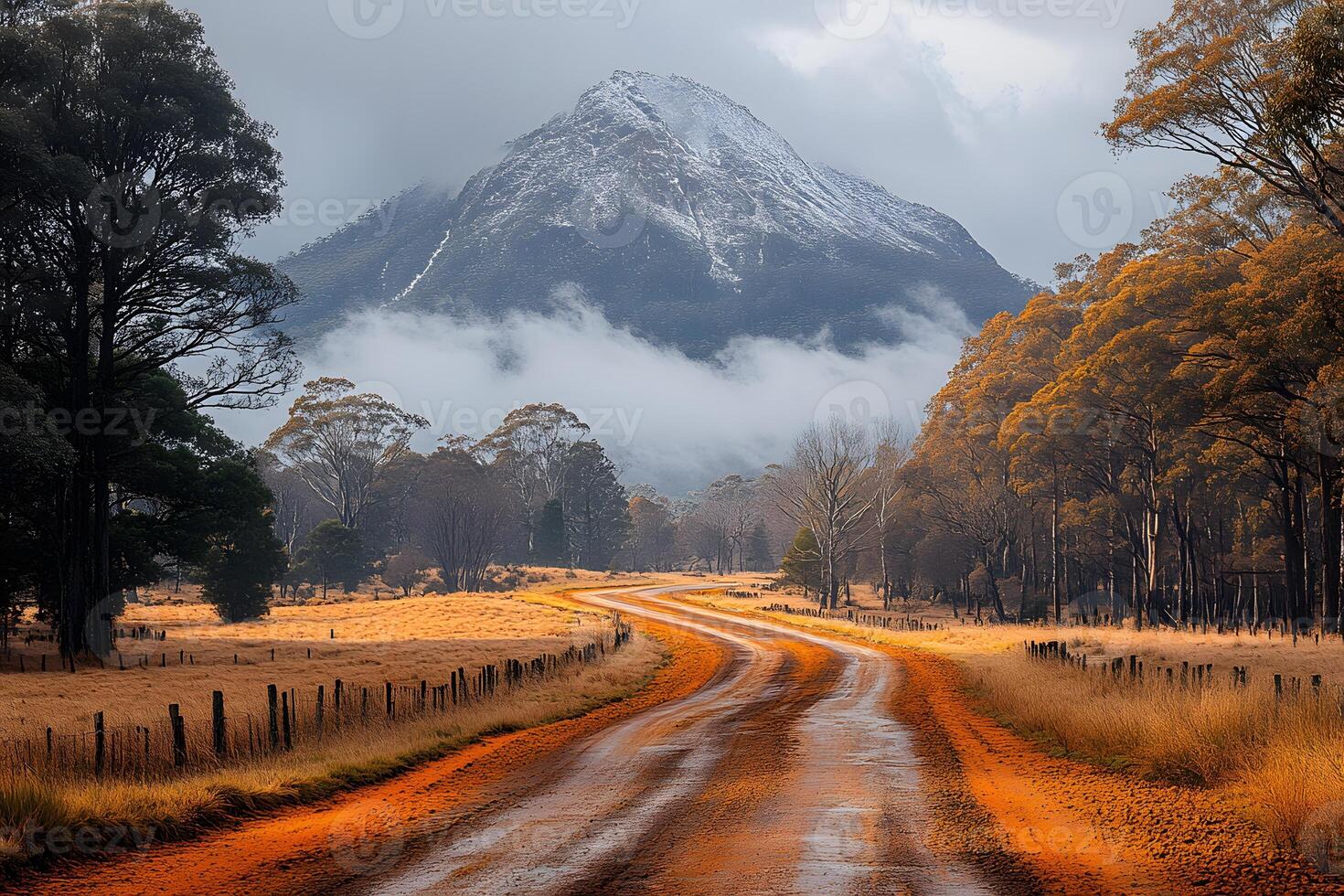 Serene Autumn Road Leading to Snow-Capped Mountain in Misty Landscape photo