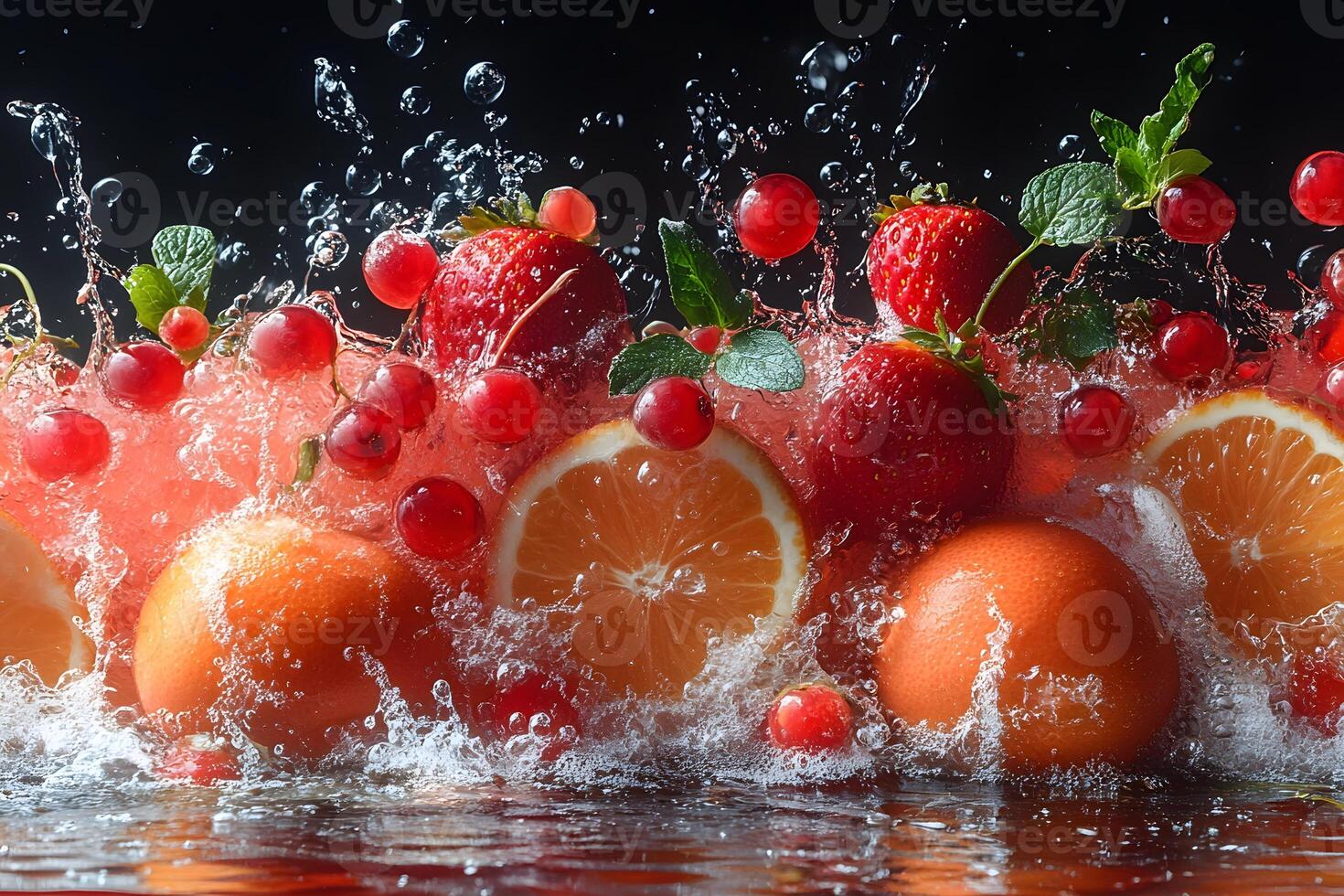 Vibrant Fruit Splash with Fresh Strawberries, Oranges, and Currants for Refreshing Designs photo