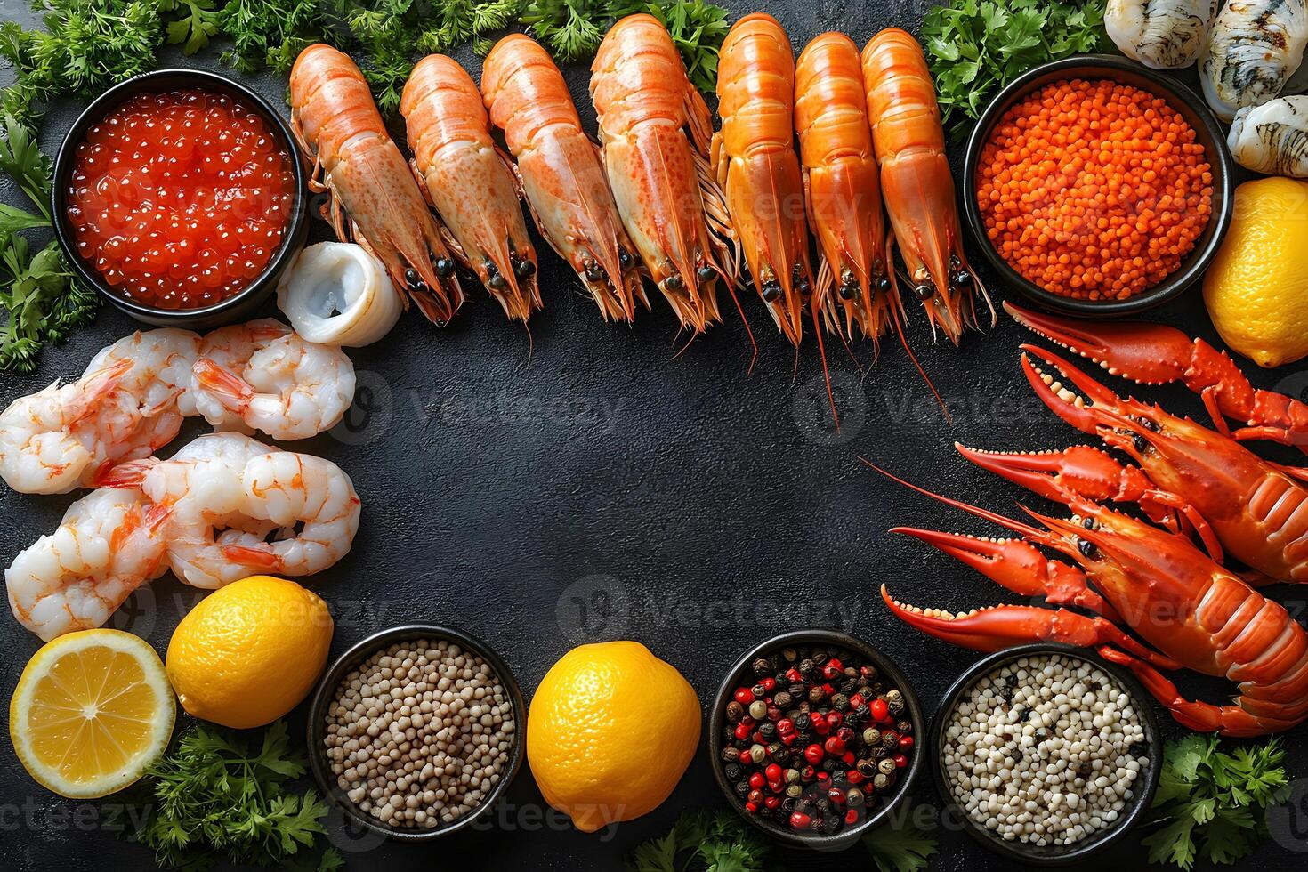 Fresh Seafood Platter with Shrimps, Crab, Caviar, and Lemons for Culinary Design photo