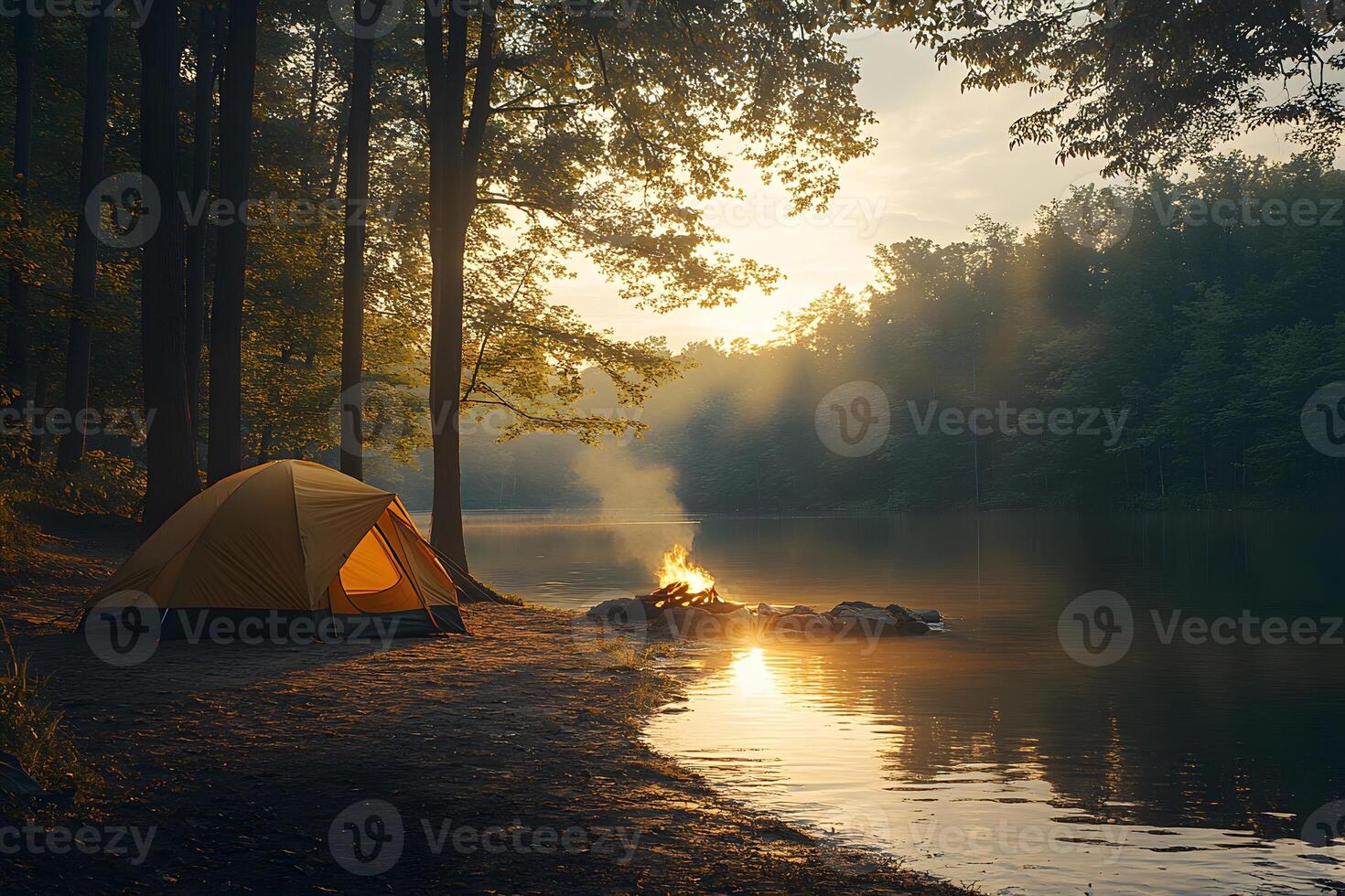 Serene Lakeside Camping at Sunset in Forest Setting for Outdoor Adventure and Relaxation photo