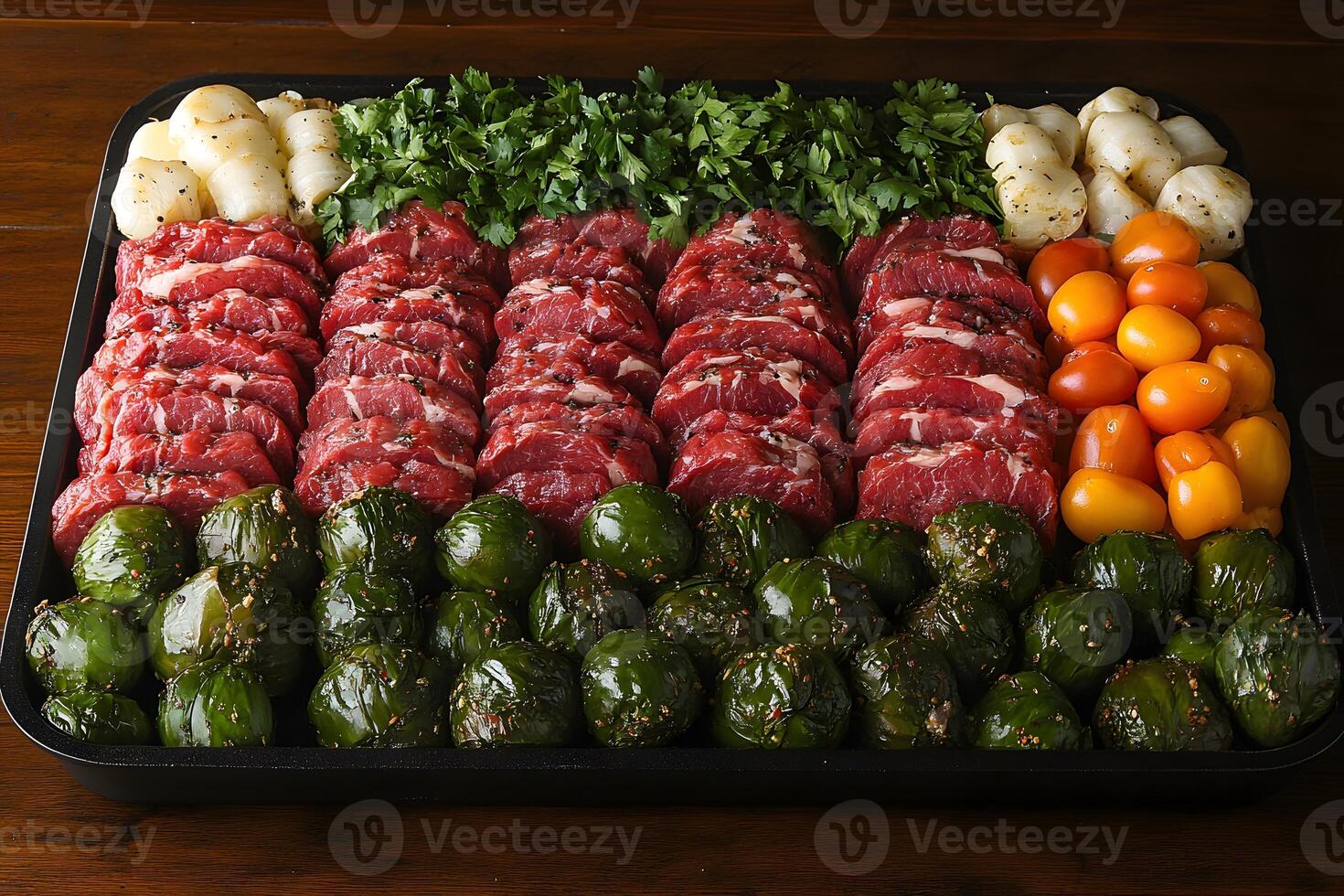 Fresh Meat and Vegetables Platter for Grilling or BBQ Presentation photo