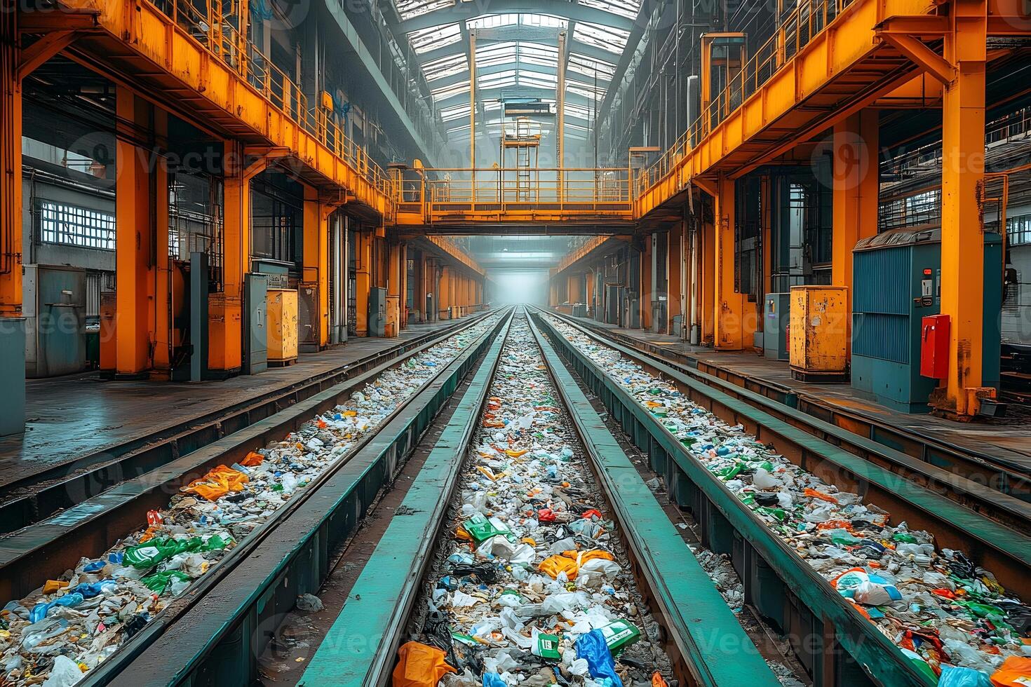Industrial Hallway Filled with Litter on Railway Tracks in Urban Setting photo