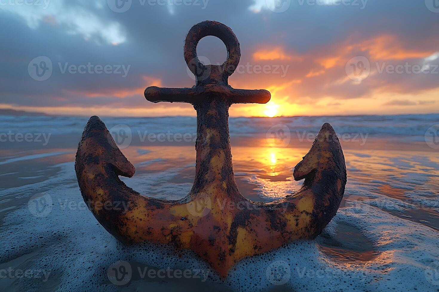 Rustic Anchor at Sunset on Ocean Shore for Nautical Print Design photo