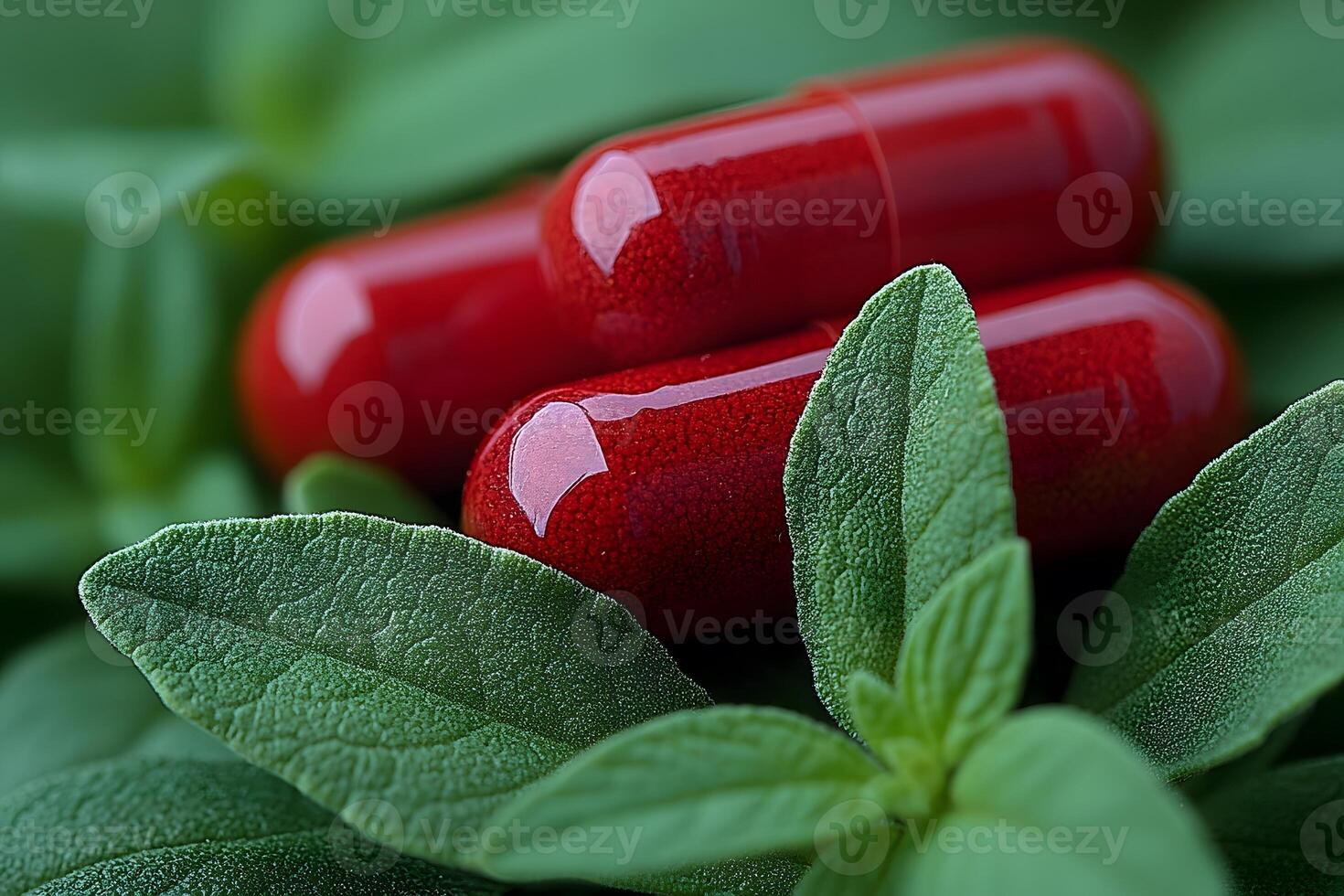 Herbal Medicine Concept with Red Capsules and Fresh Green Leaves for Natural Health and Wellness photo
