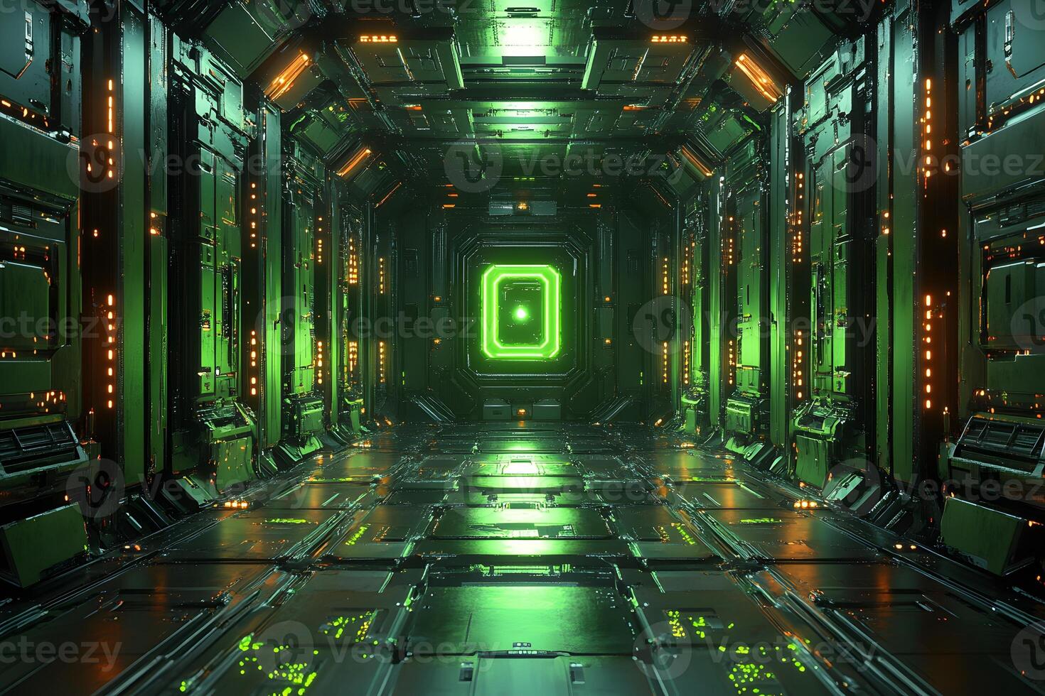 Futuristic Sci-Fi Corridor with Neon Green Lights Digital Background for Gaming Design photo