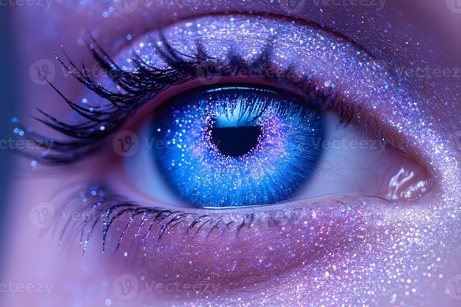 Sparkling Blue Eye Close-Up with Glitter and Cosmic Aesthetic photo