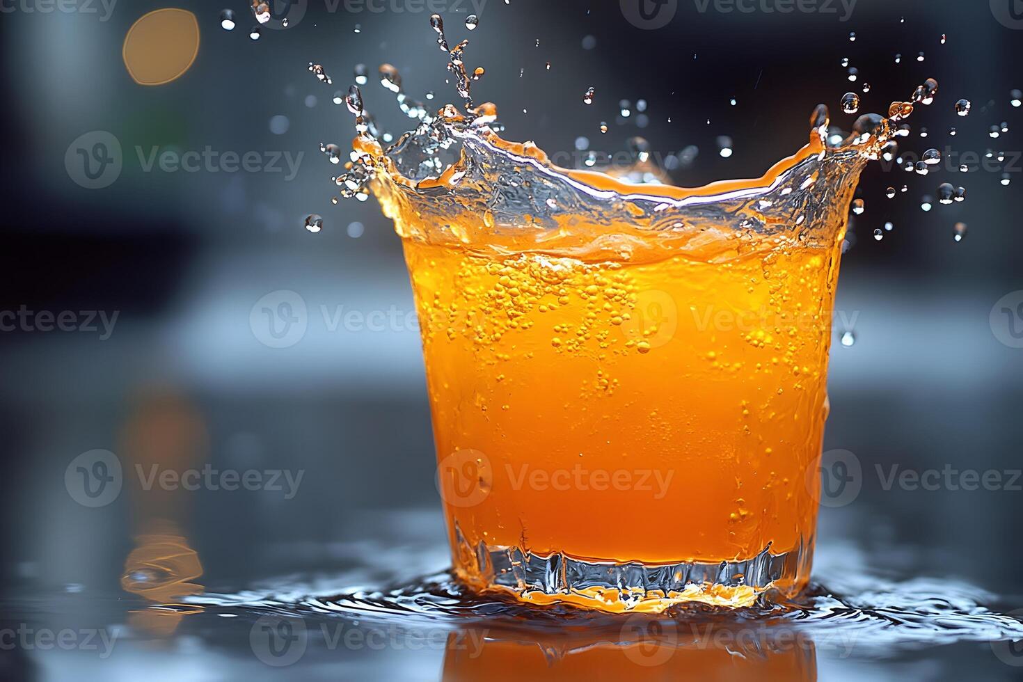 Refreshing Orange Juice Splashing in Glass on Reflective Surface photo