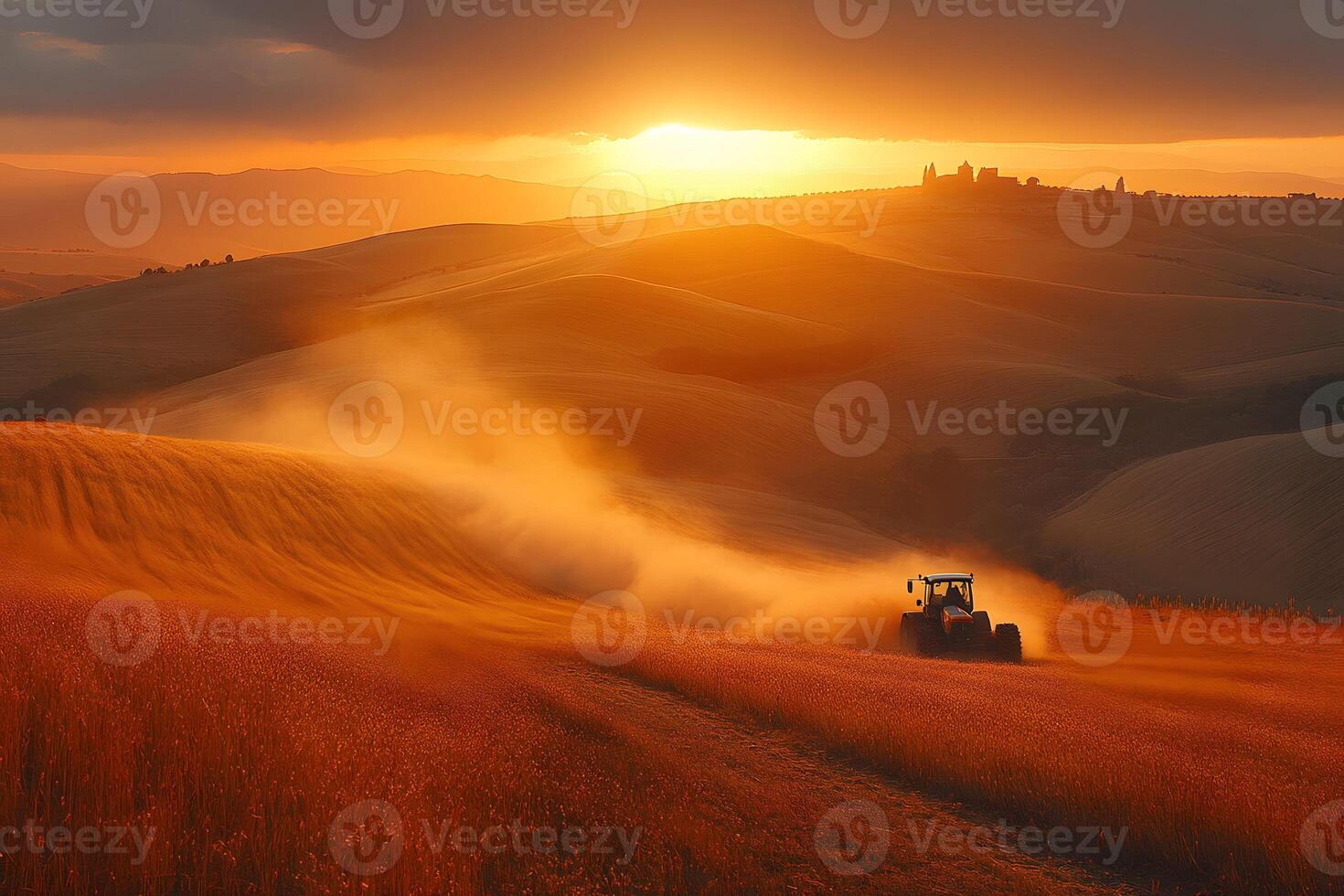 Sunset Over Tuscany Hills with Tractor in Harvest Season - Ideal for Agricultural Posters photo